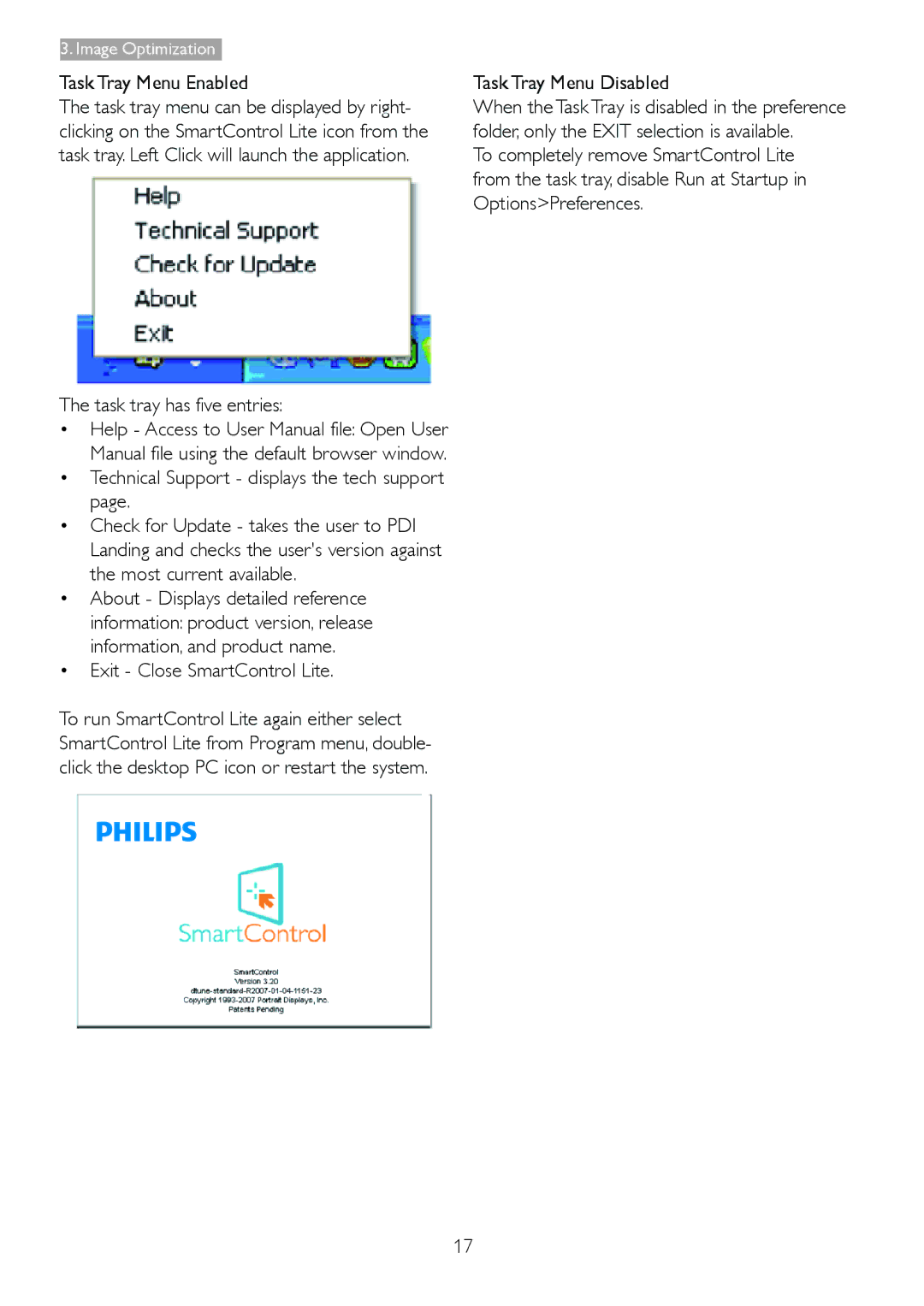 Philips 273E3L user manual Task Tray Menu Enabled, Exit Close SmartControl Lite, Task Tray Menu Disabled 