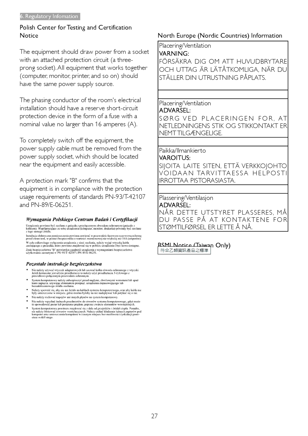 Philips 273E3L Polish Center for Testing and Certification Notice, Paikka/Ilmankierto, Varoitus, Plassering/Ventilasjon 