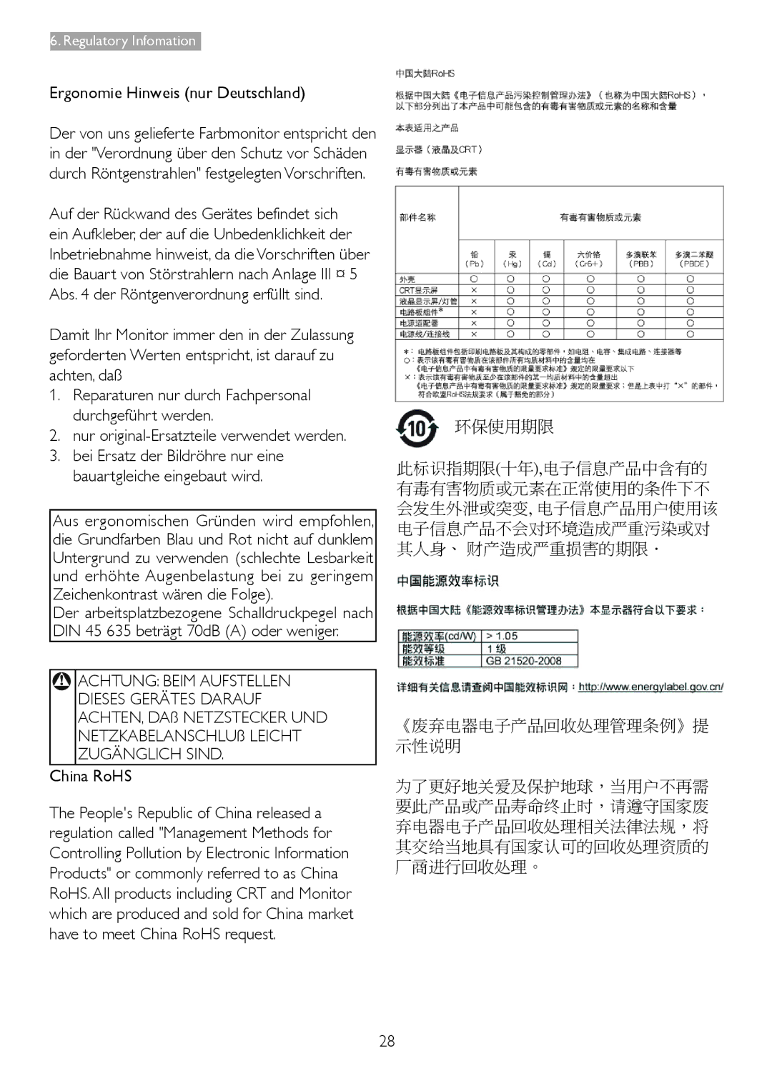 Philips 273E3L Ergonomie Hinweis nur Deutschland, Nur original-Ersatzteile verwendet werden, Achtung Beim Aufstellen 