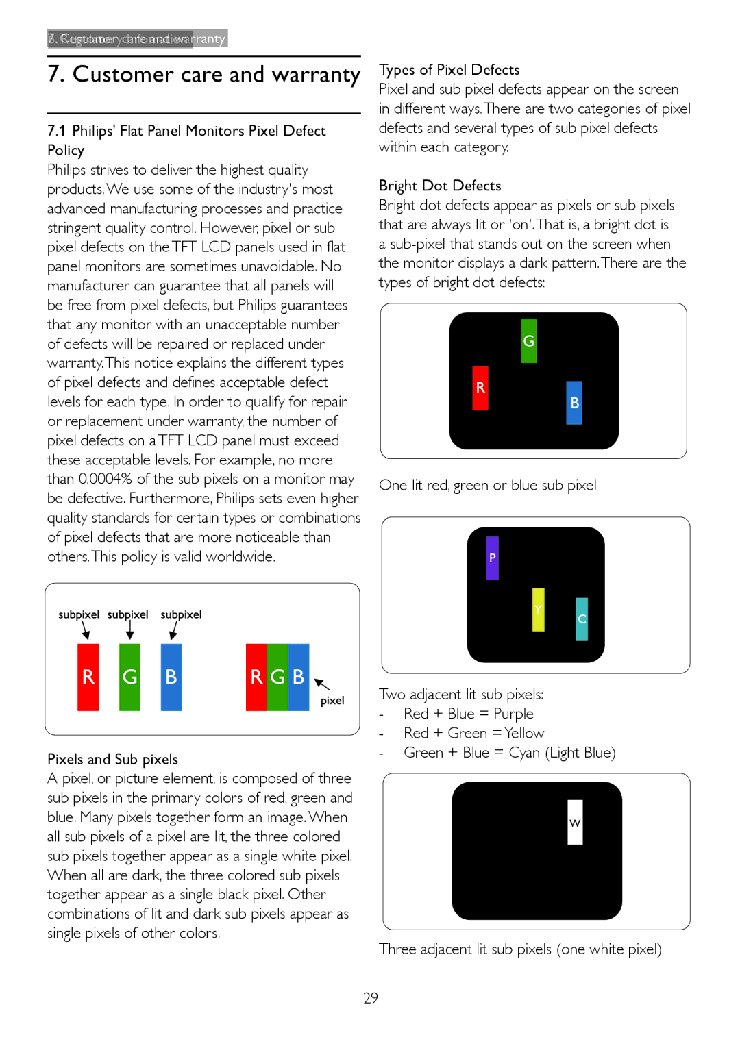 Philips 273E3L user manual Philips Flat Panel Monitors Pixel Defect Policy, Pixels and Sub pixels, Types of Pixel Defects 