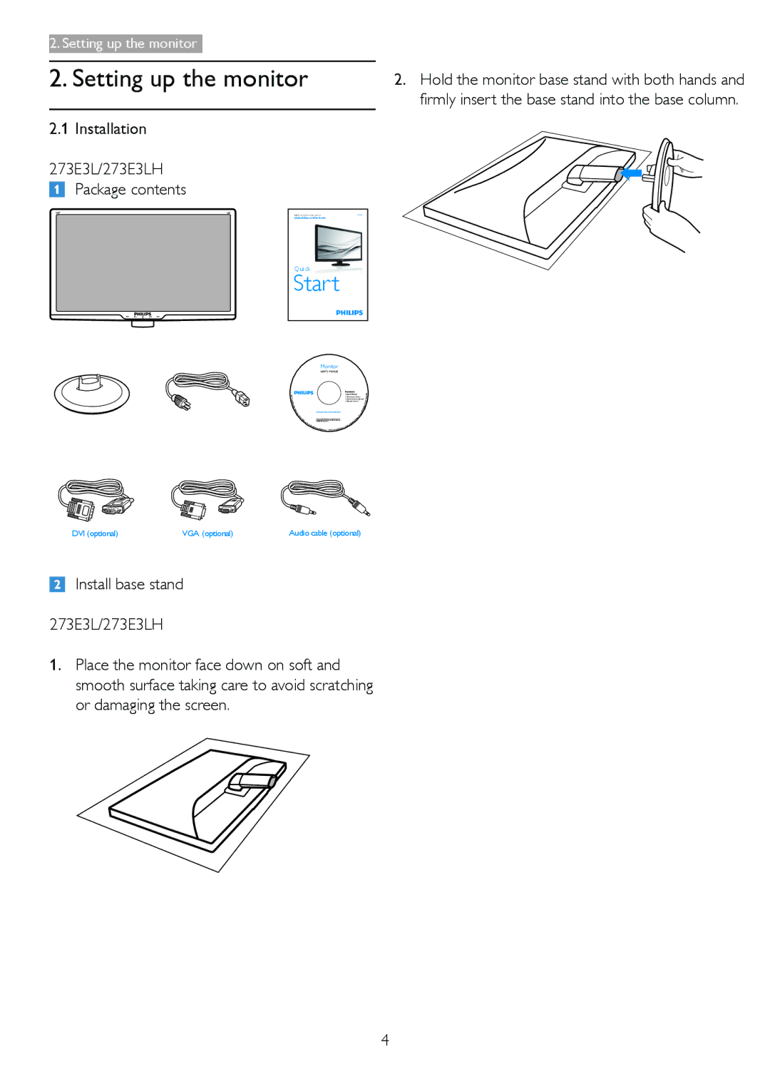 Philips 273E3L user manual Setting up the monitor, Installation 