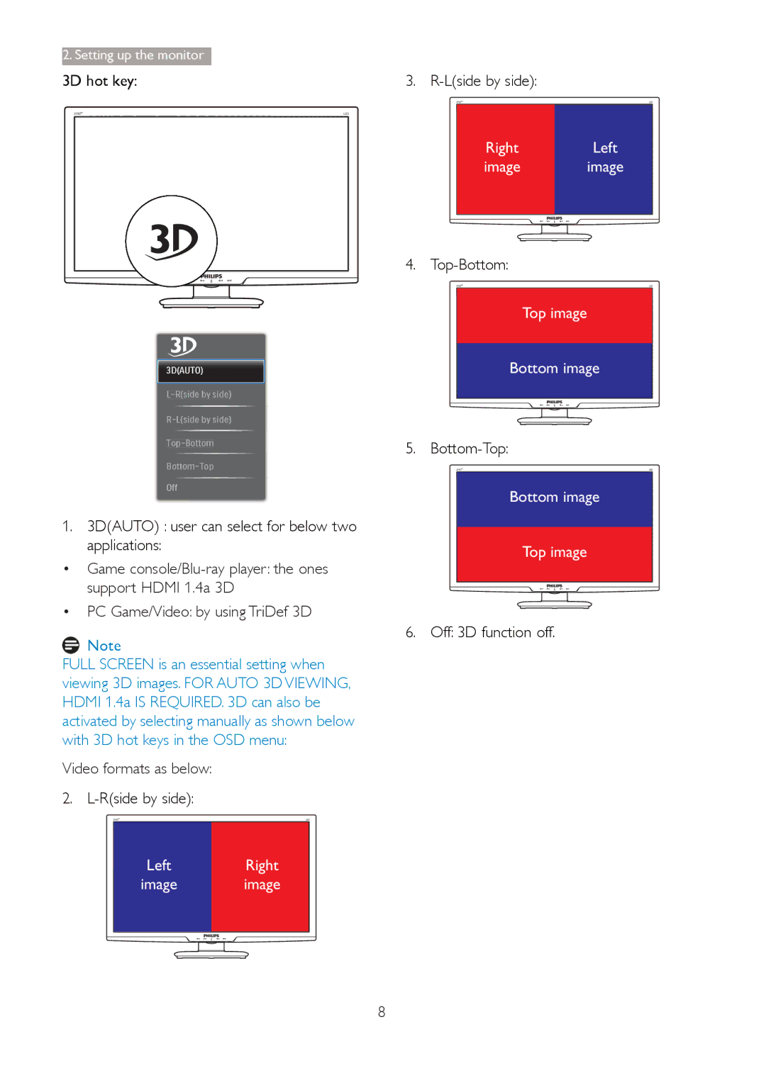 Philips 273G3D user manual Video formats as below 