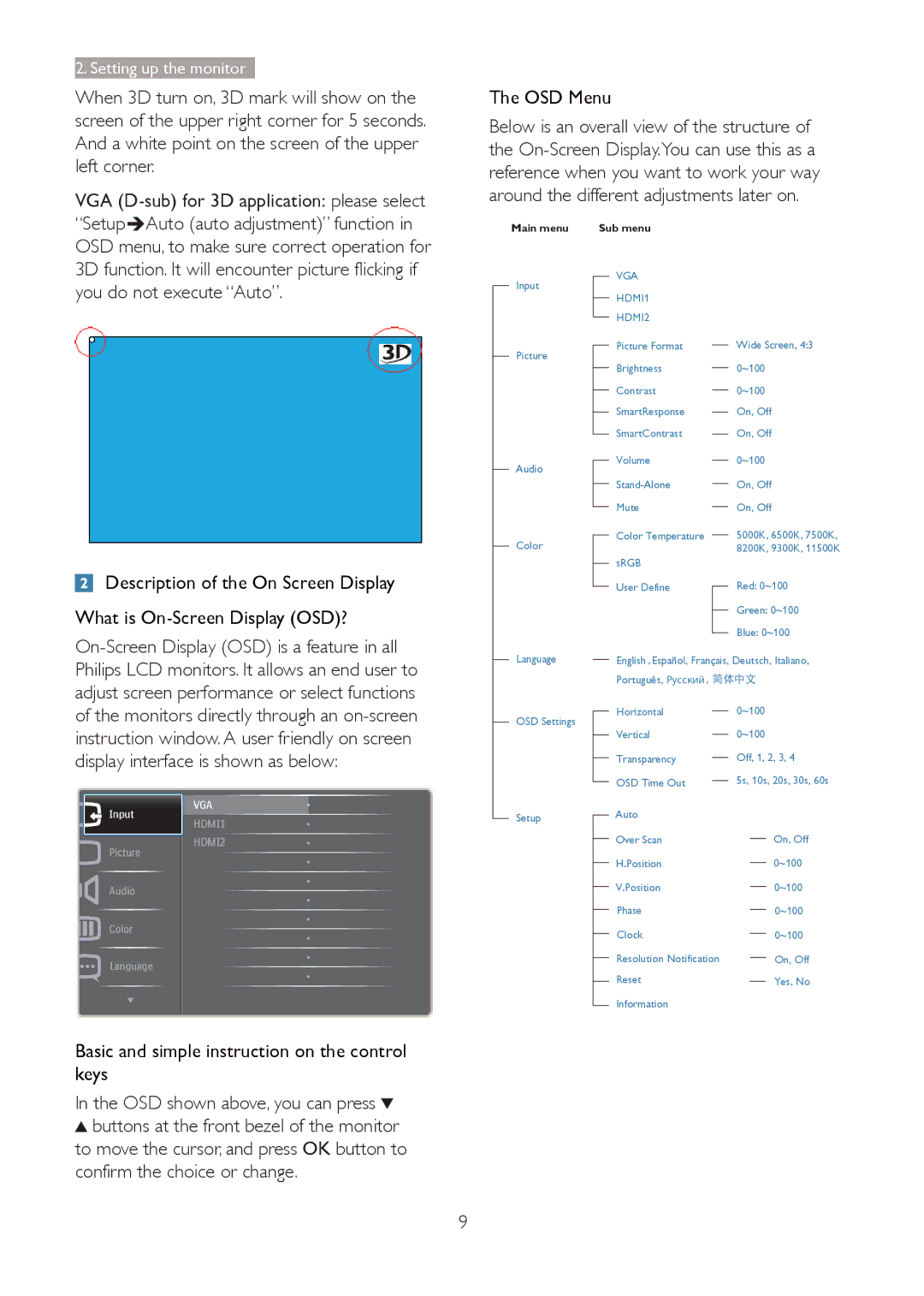 Philips 273G3D user manual OSD Menu, You do not execute Auto, Basic and simple instruction on the control keys 