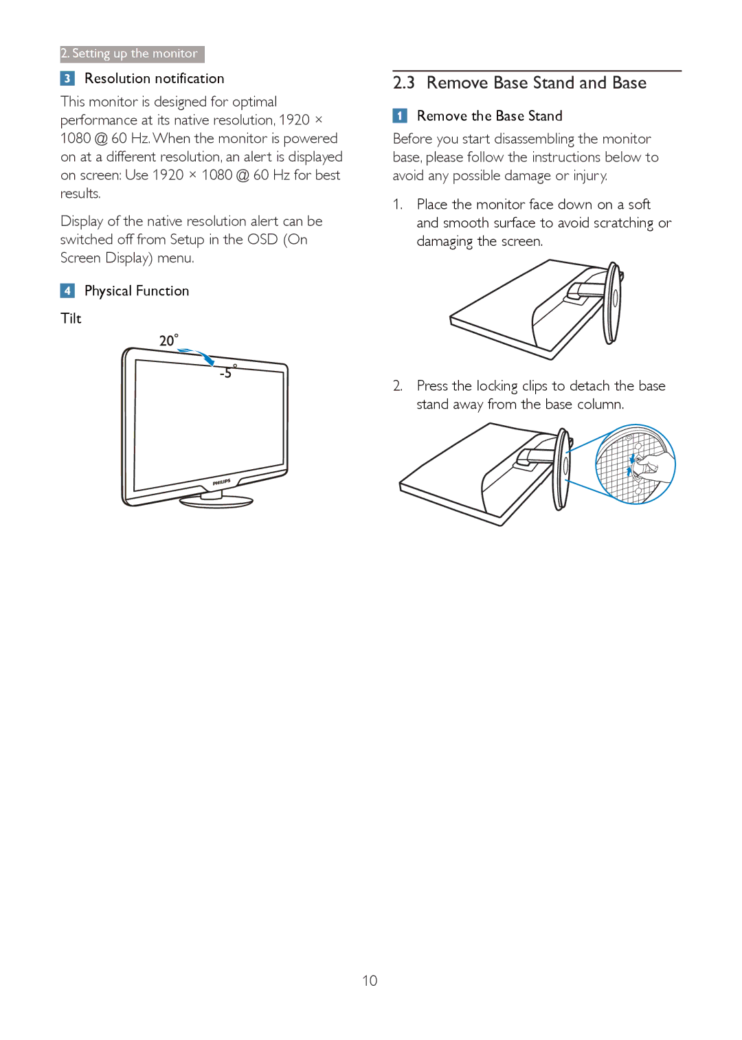 Philips 273G3D Remove Base Stand and Base, Resolution notification, Physical Function Tilt, Remove the Base Stand 