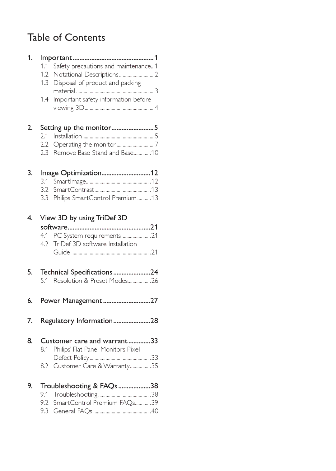 Philips 273G3D user manual Table of Contents 