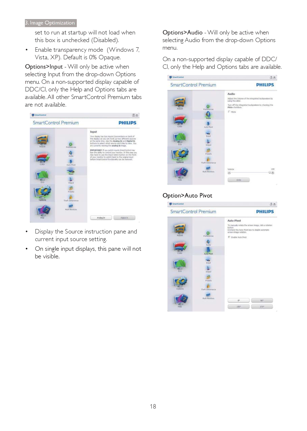 Philips 273G3D user manual On single input displays, this pane will not be visible, OptionAuto Pivot 