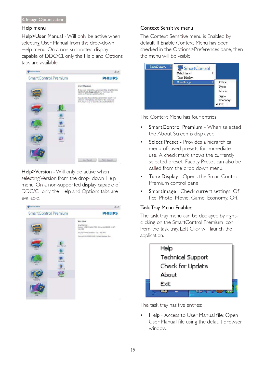 Philips 273G3D user manual Help menu, Context Sensitive menu, Context Menu has four entries, Task Tray Menu Enabled 