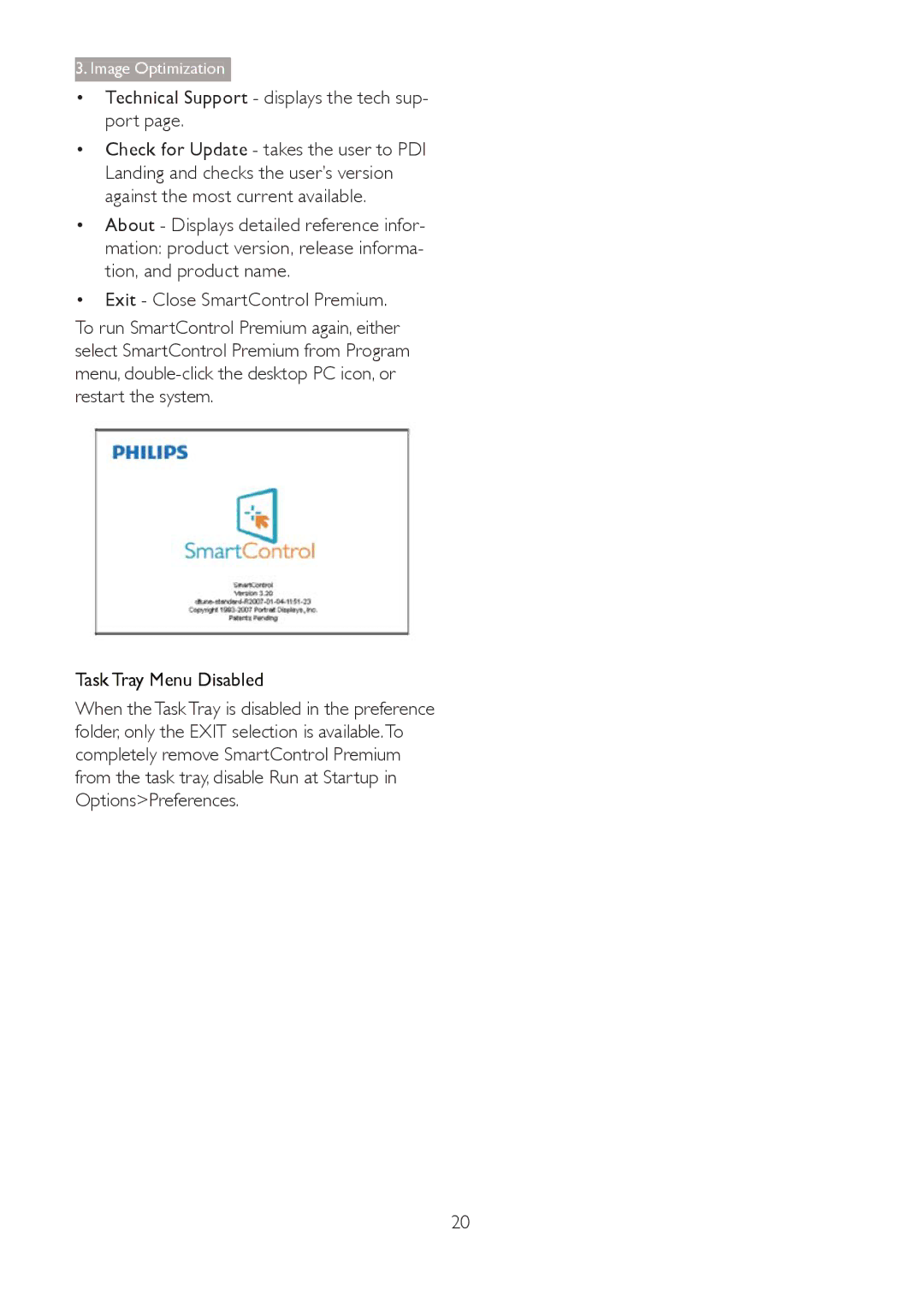 Philips 273G3D user manual Technical Support displays the tech sup- port, Task Tray Menu Disabled 