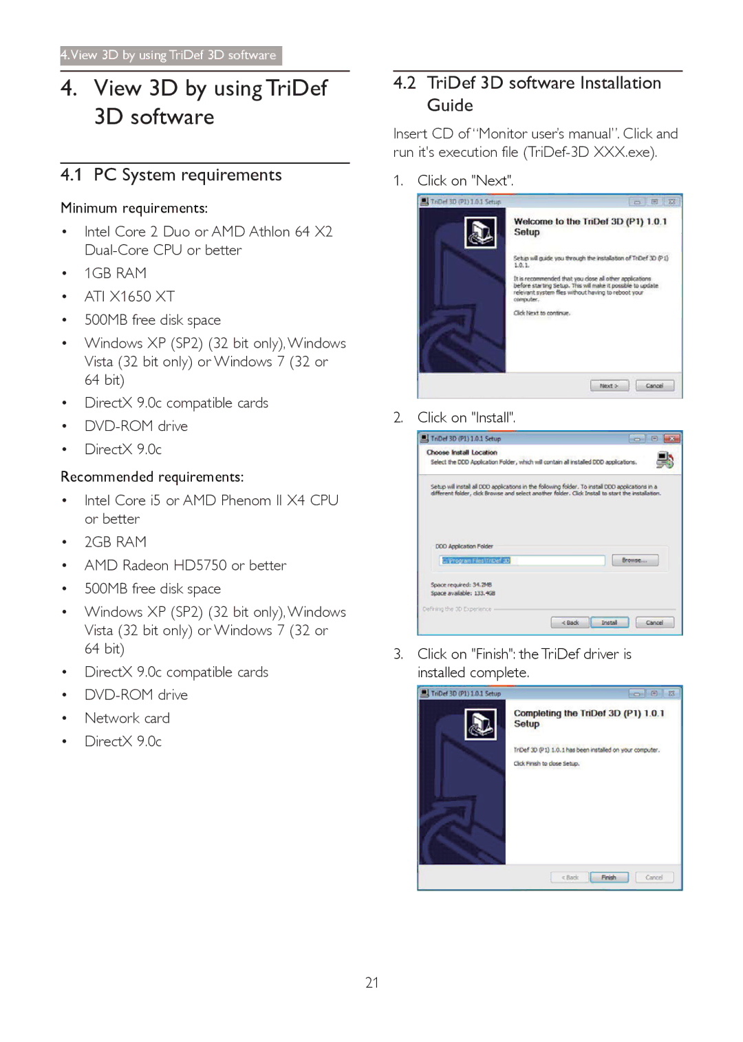 Philips 273G3D View 3D by using TriDef 3D software, PC System requirements, TriDef 3D software Installation Guide 