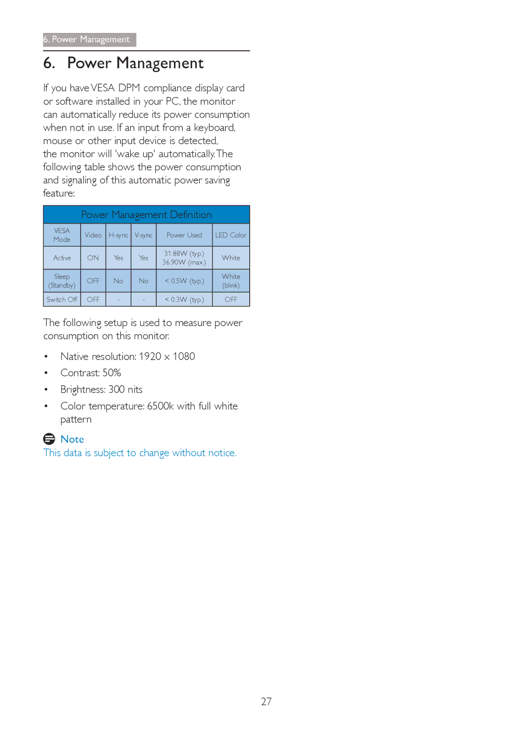 Philips 273G3D user manual Power Management, Vesa 