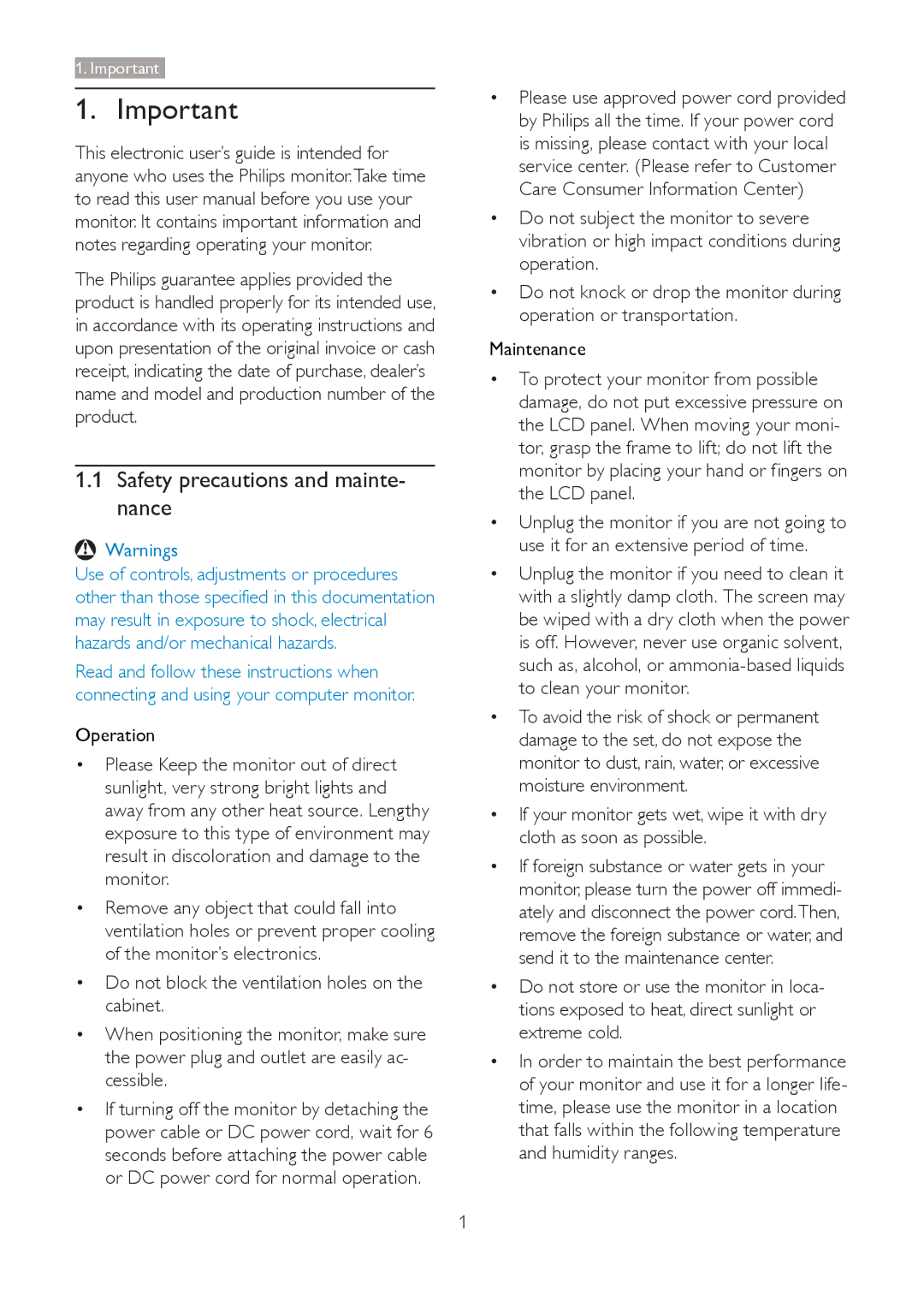 Philips 273G3D user manual Safety precautions and mainte- nance, Operation, Maintenance 