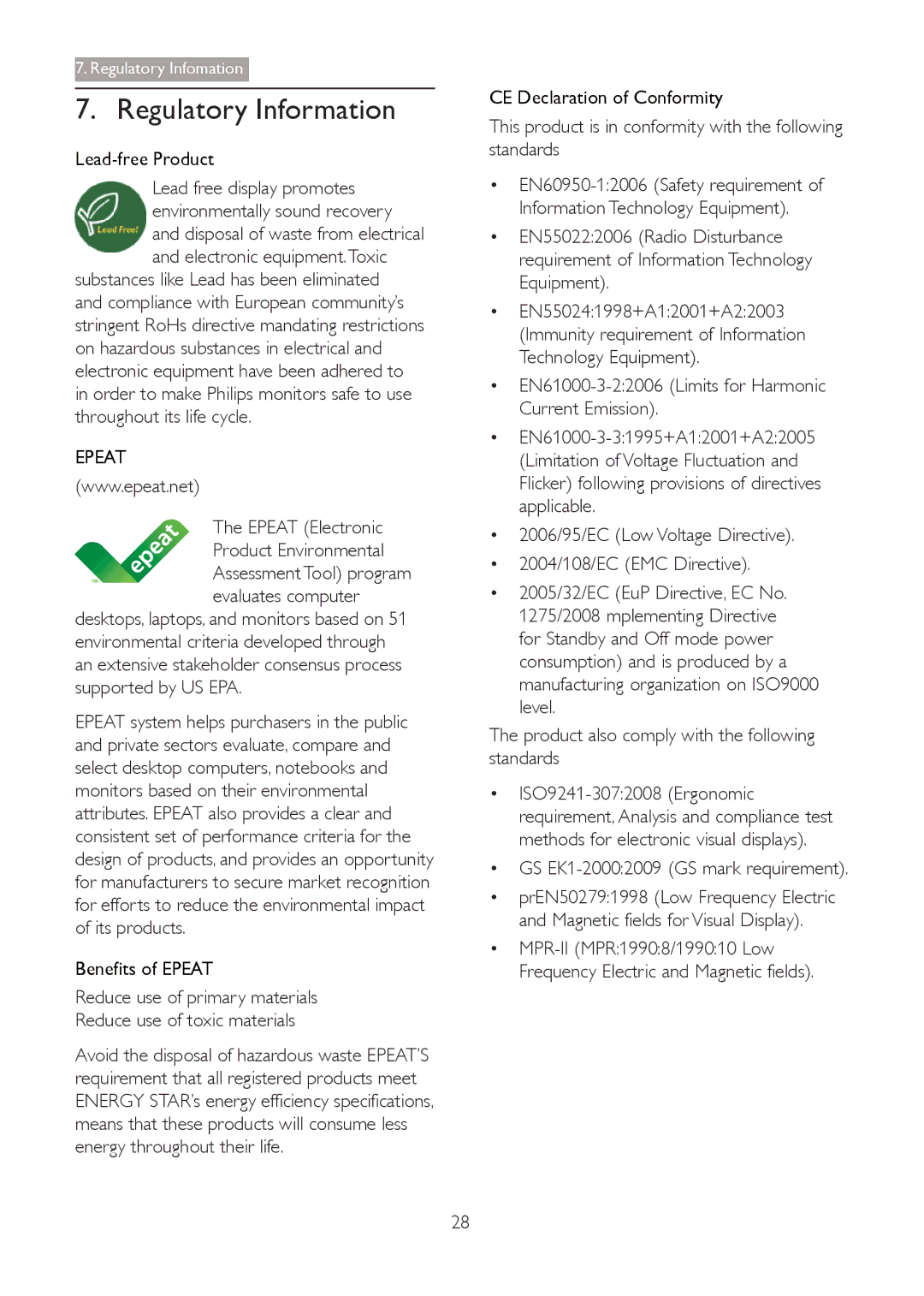 Philips 273G3D Regulatory Information, Epeat Electronic Product Environmental, GS EK1-20002009 GS mark requirement 