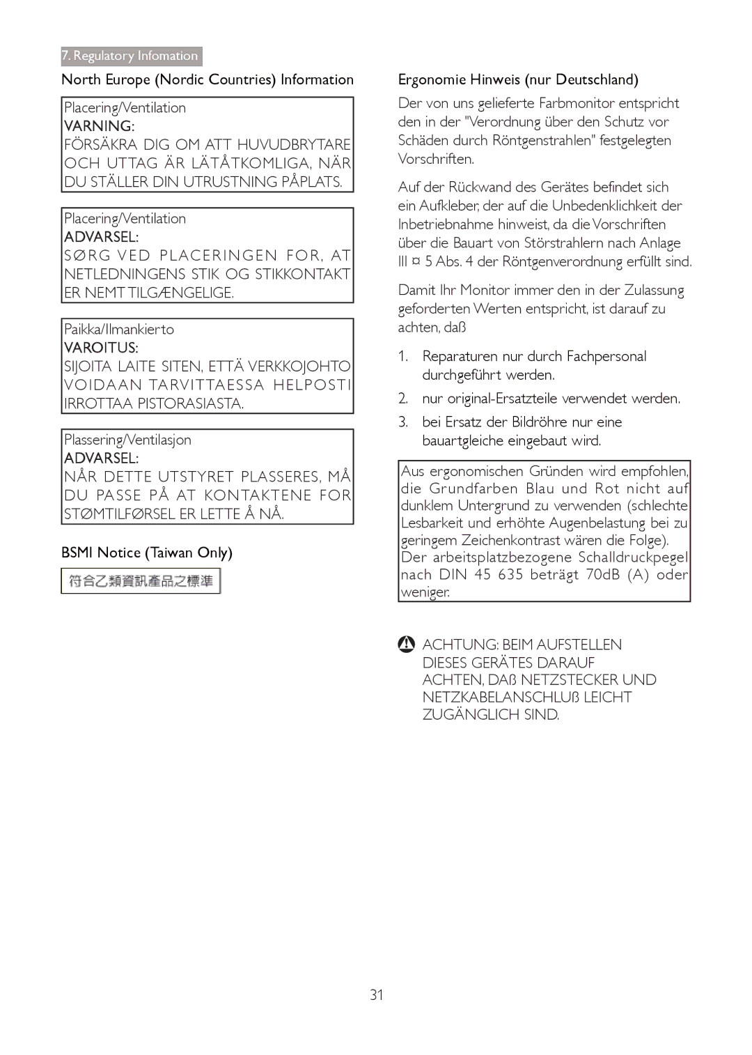 Philips 273G3D user manual Placering/Ventilation, Paikka/Ilmankierto, Plassering/Ventilasjon 