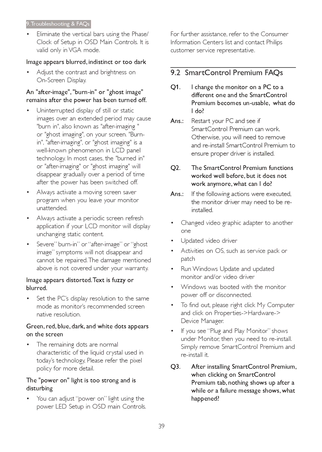 Philips 273G3D user manual SmartControl Premium FAQs, Image appears blurred, indistinct or too dark 