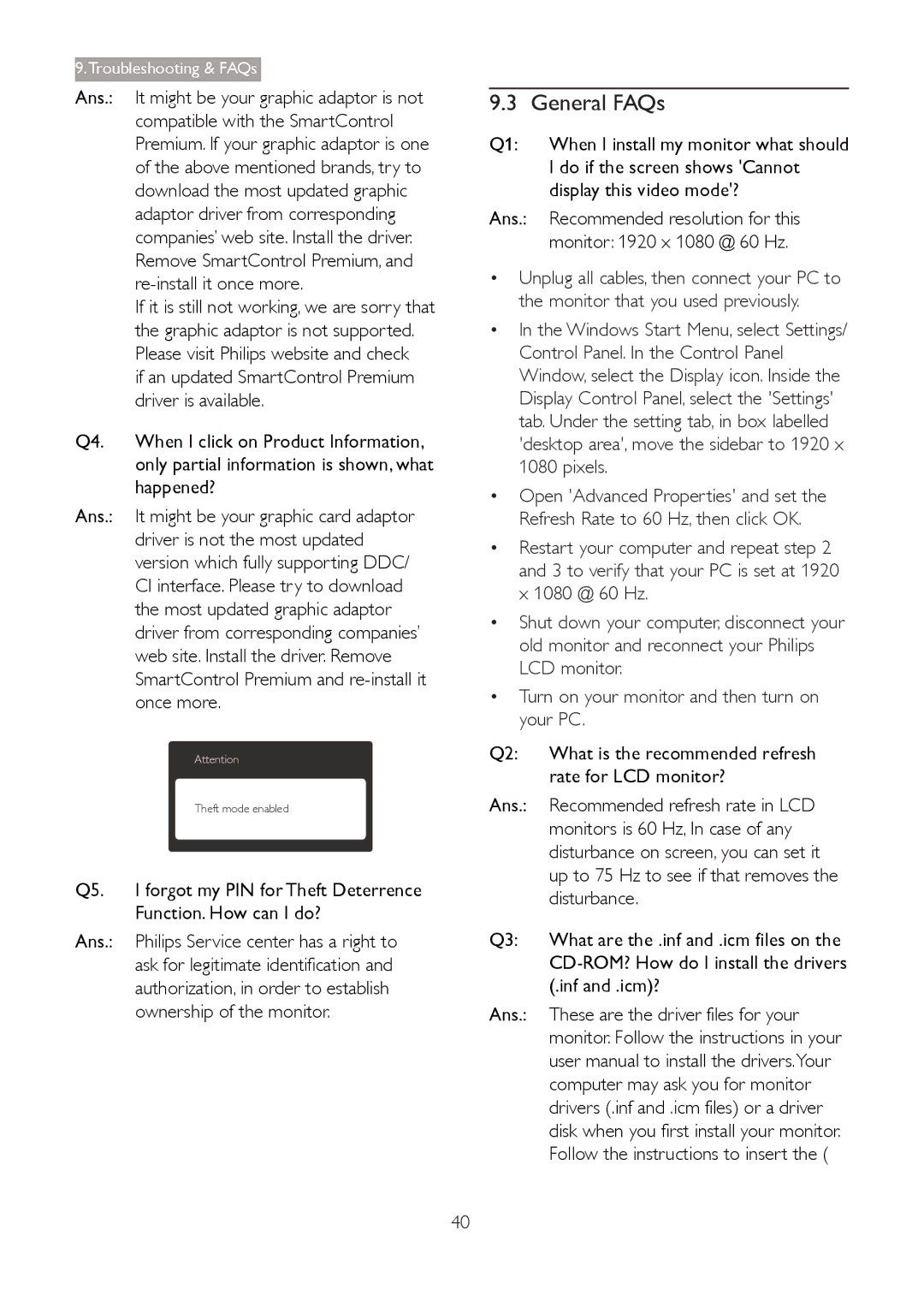 Philips 273G3D General FAQs, Do if the screen shows Cannot, Display this video mode?, Recommended resolution for this 