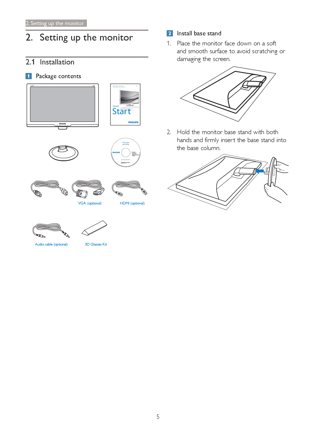 Philips 273G3D user manual Setting up the monitor, Installation, Package contents 