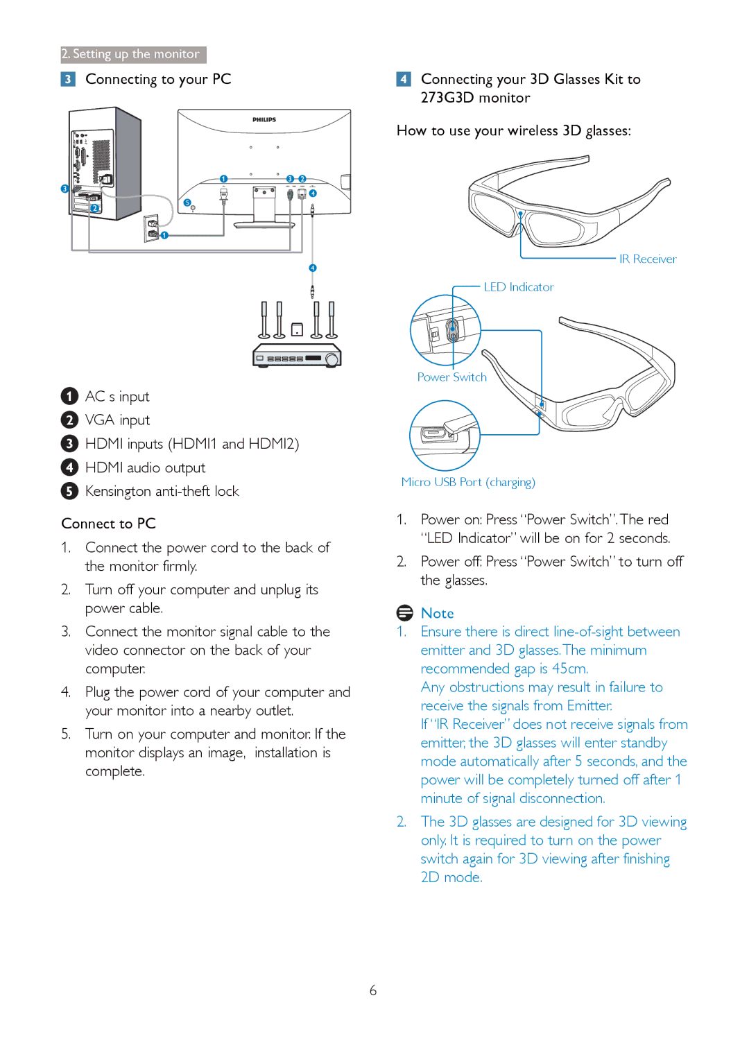 Philips user manual Connecting to your PC, 273G3D monitor, Power off Press Power Switch to turn off the glasses 