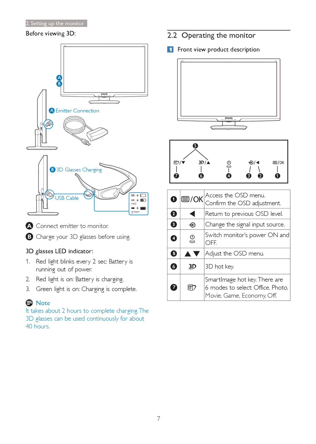 Philips 273G3D Operating the monitor, Before viewing 3D, Adjust the OSD menu 3D hot key SmartImage hot key.There are 