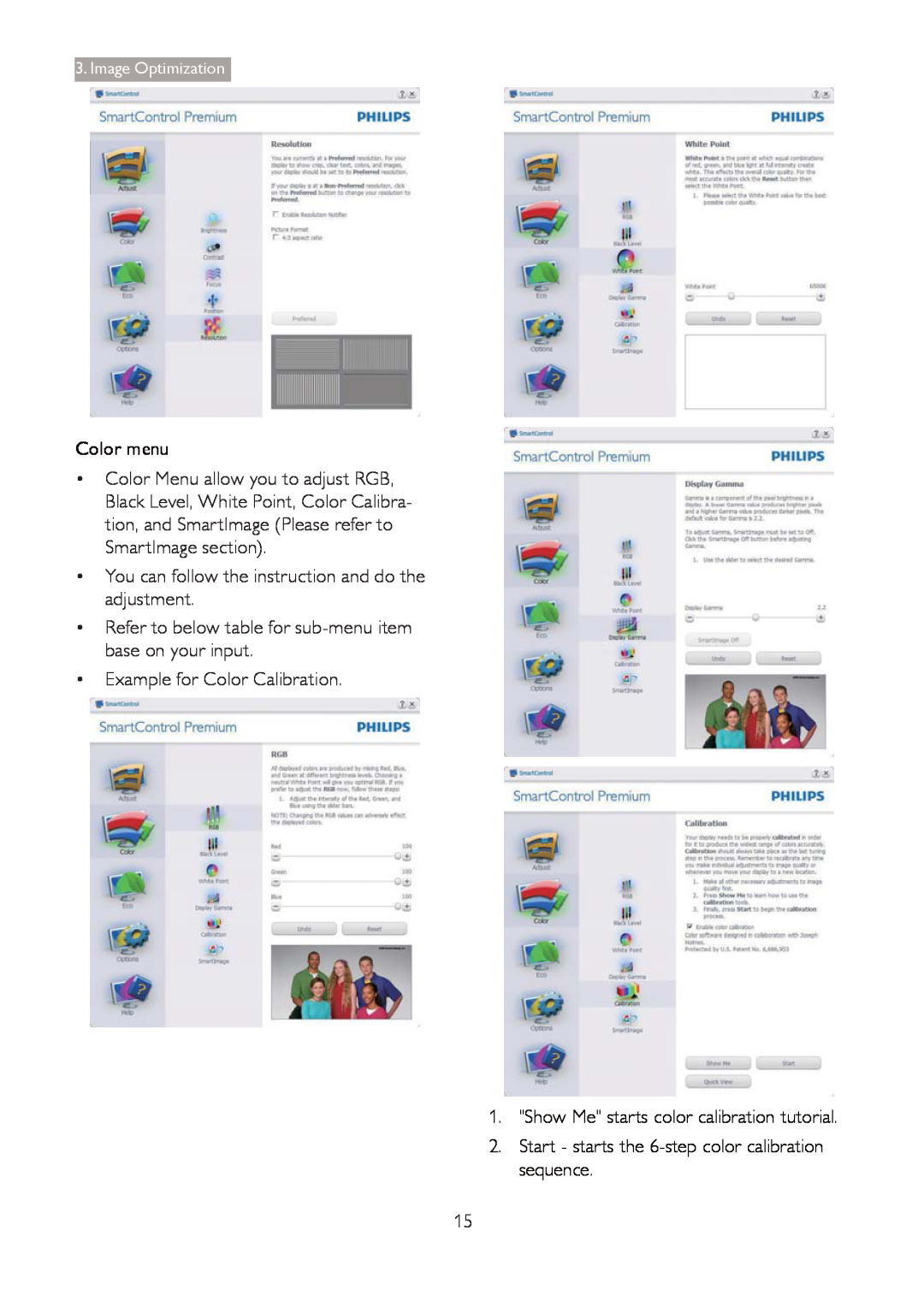 Philips 273G3D Color menu, Show Me starts color calibration tutorial, Start - starts the 6-step color calibration sequence 