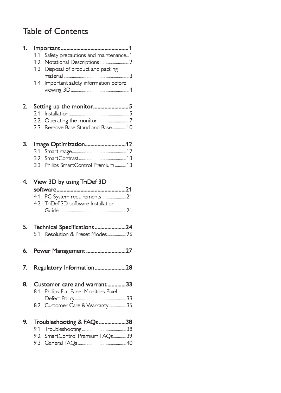 Philips 273G3D user manual Table of Contents, View 3D by using TriDef 3D 