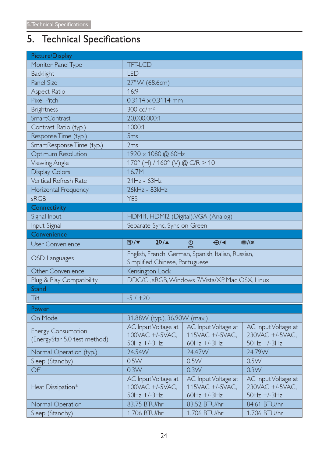 Philips 273G3D user manual Technical Specifications, Technical Speciﬁcations 