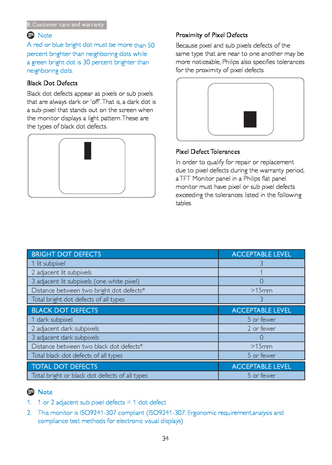 Philips 273G3D user manual Black Dot Defects, Proximity of Pixel Defects, Pixel Defect Tolerances, Bright Dot Defects 