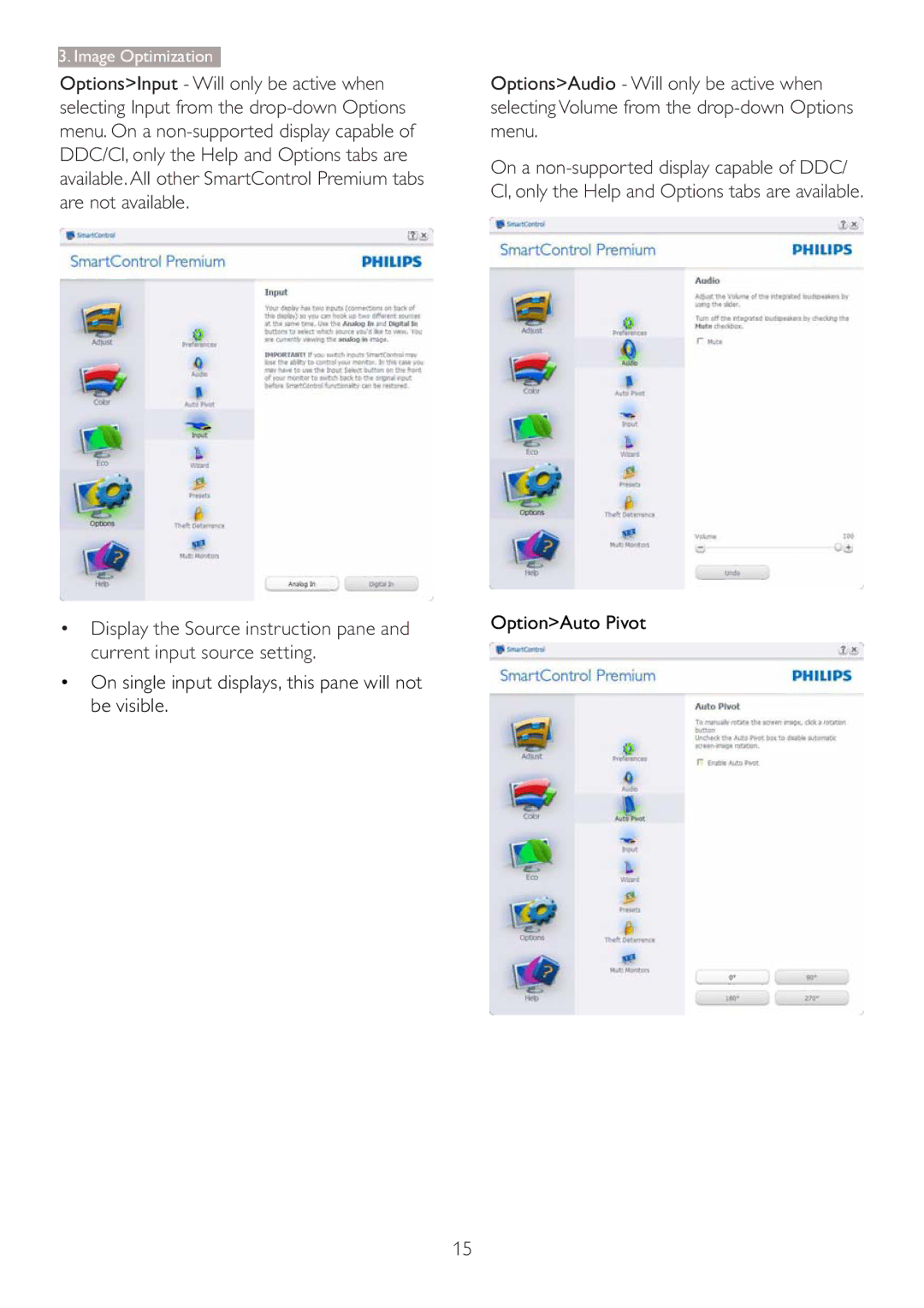 Philips 273P3 user manual ‡ On single input displays, this pane will not be visible, OptionAuto Pivot 