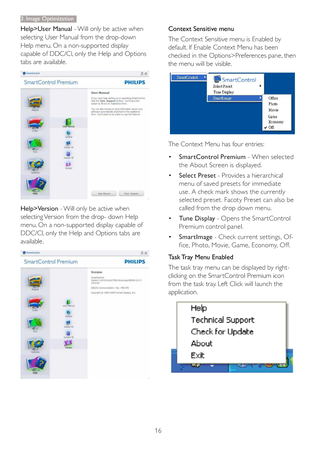 Philips 273P3 user manual Context Sensitive menu, Context Menu has four entries, Task Tray Menu Enabled 