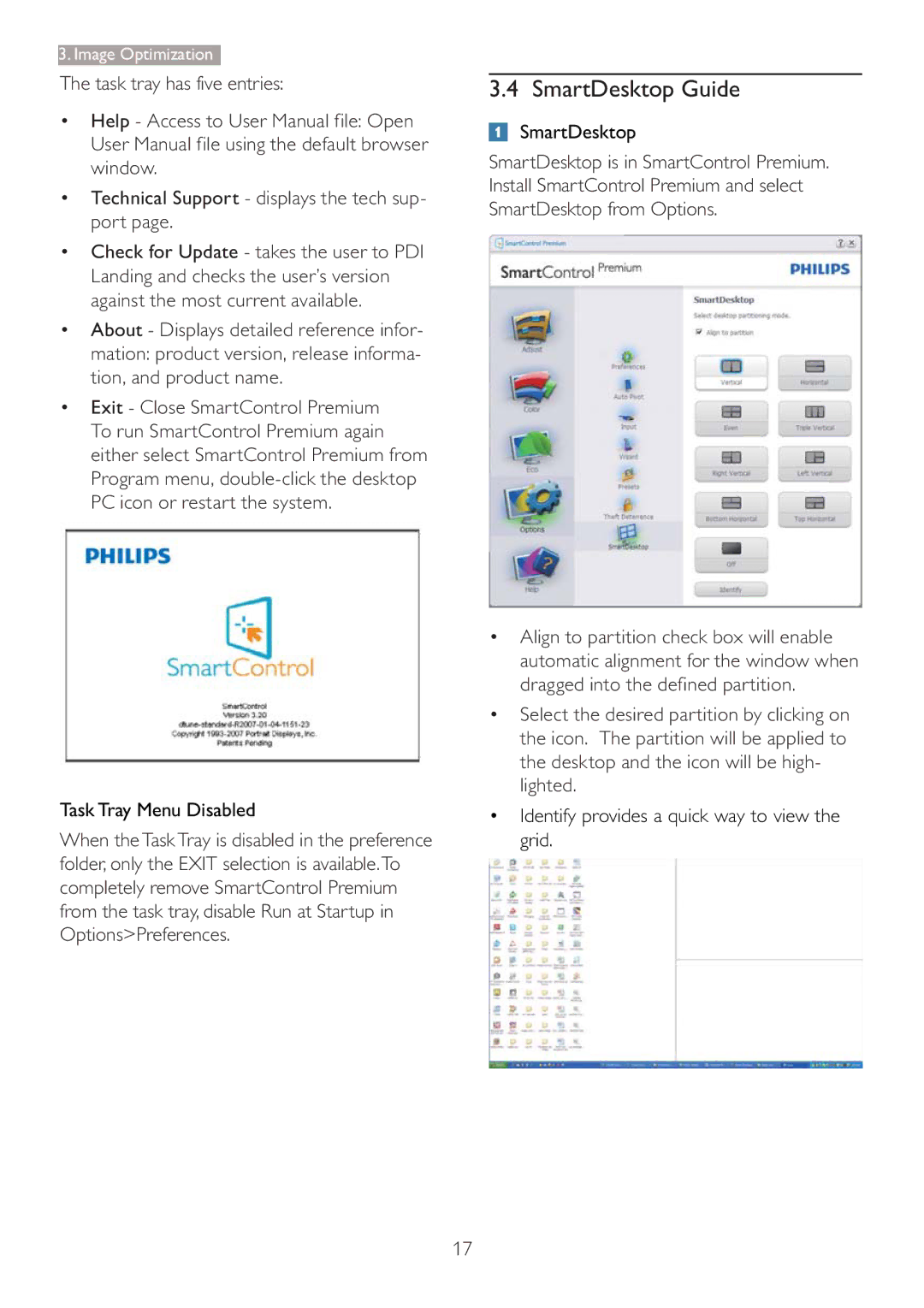 Philips 273P3 user manual SmartDesktop Guide, Task Tray Menu Disabled,  Identify provides a quick way to view the grid 