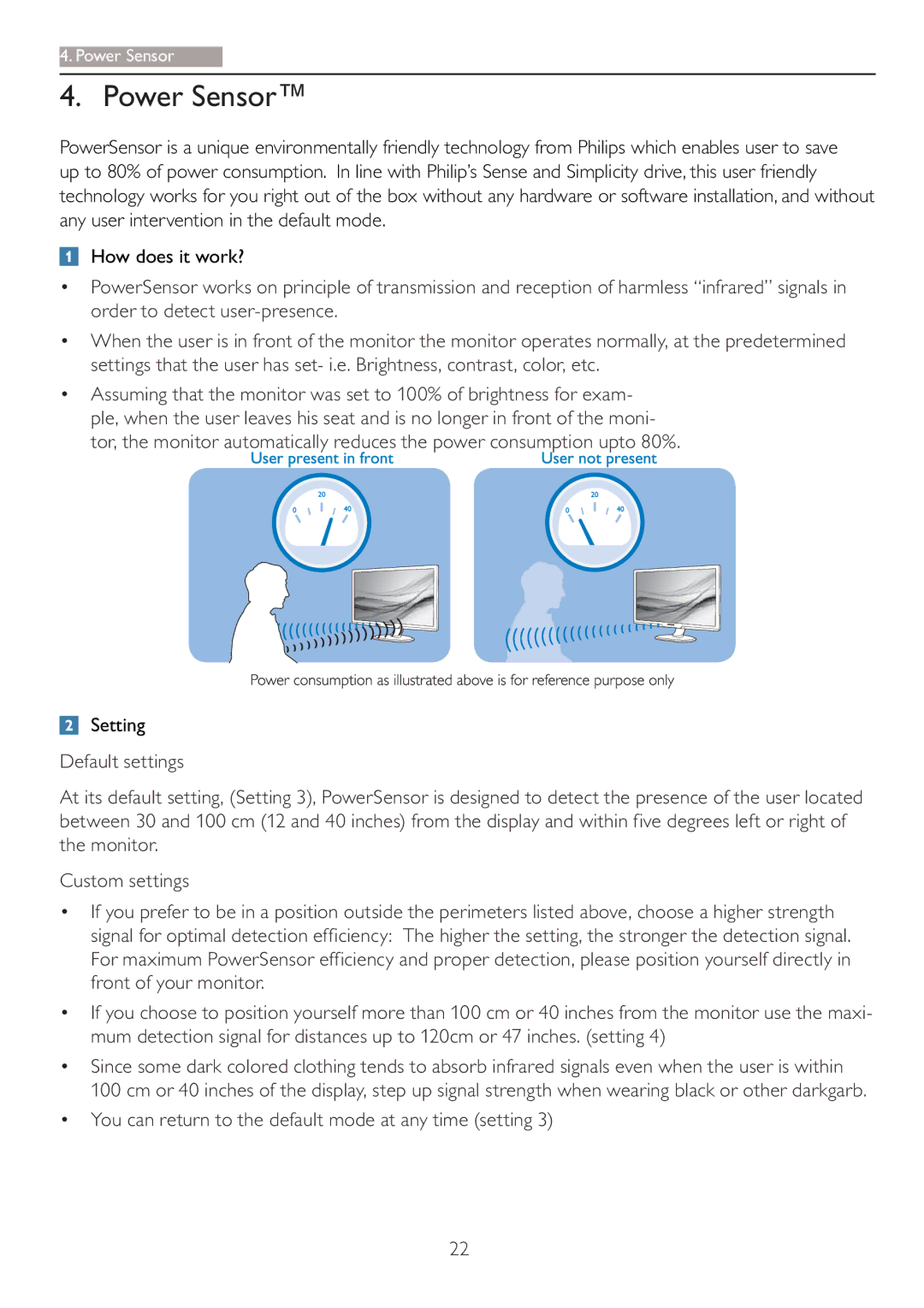 Philips 273P3 user manual Power Sensor, Setting, ‡ You can return to the default mode at any time setting 