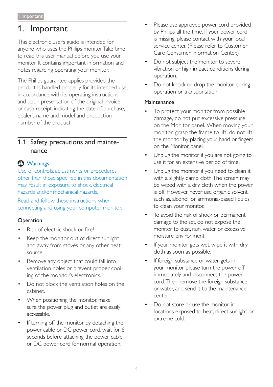 Philips 273P3 user manual Safety precautions and mainte- nance, Operation 