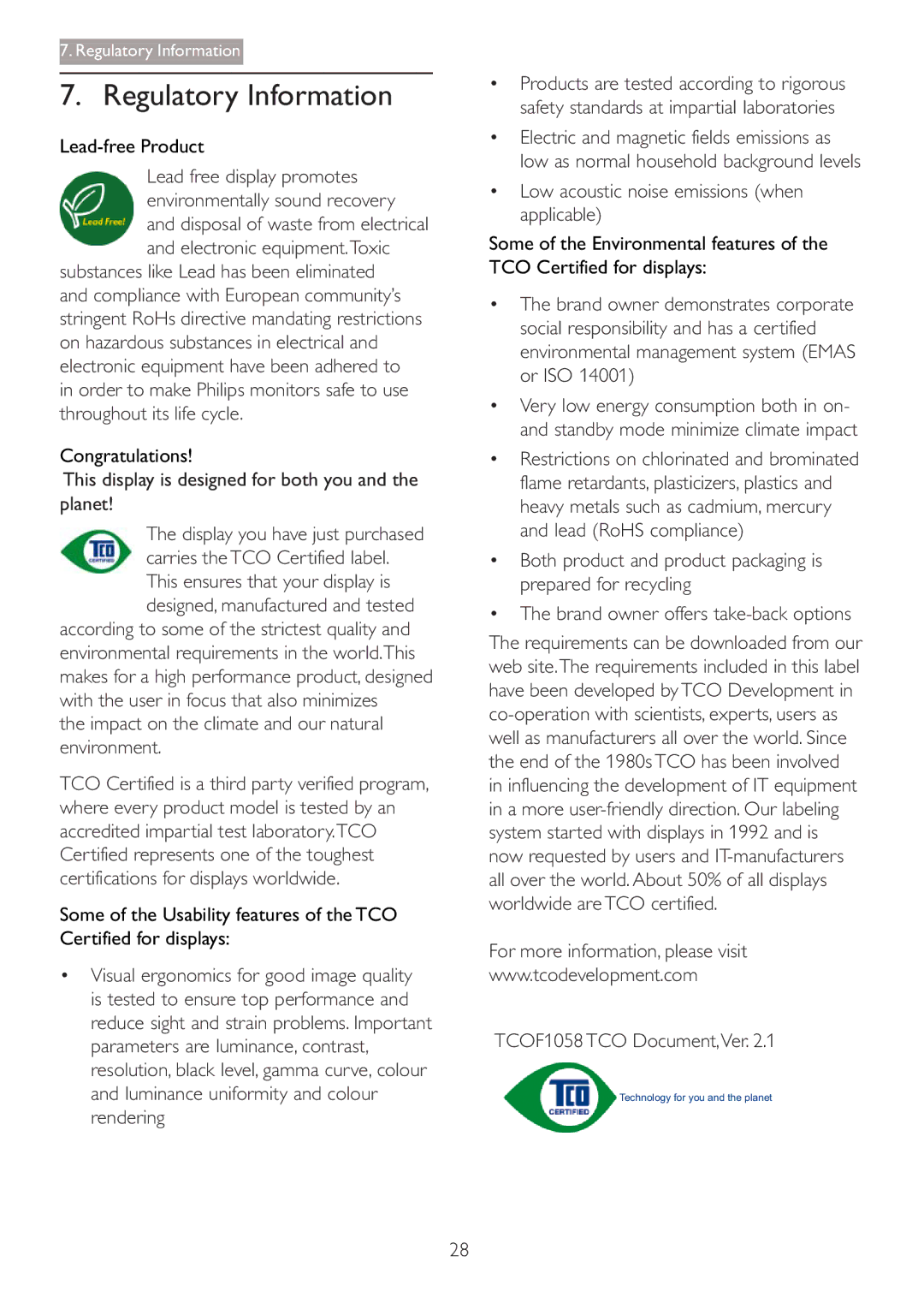 Philips 273P3 user manual Regulatory Information, This display is designed for both you and the planet 