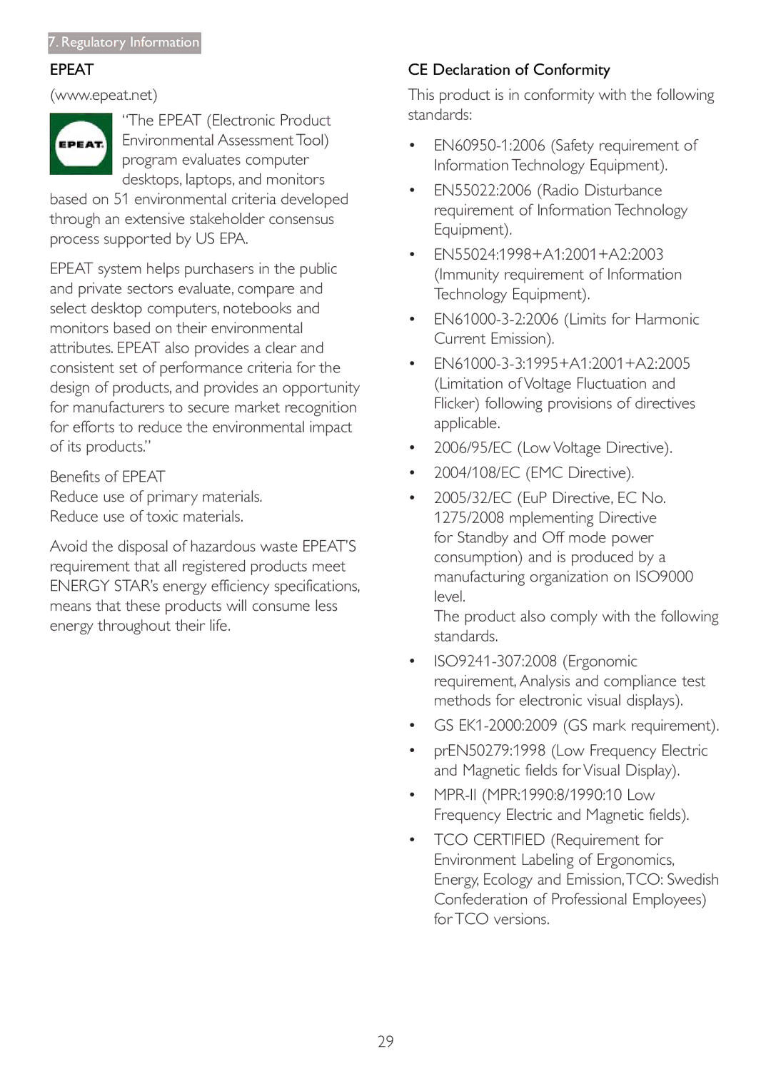 Philips 273P3 user manual Epeat Electronic Product, CE Declaration of Conformity,  GS EK1-20002009 GS mark requirement 