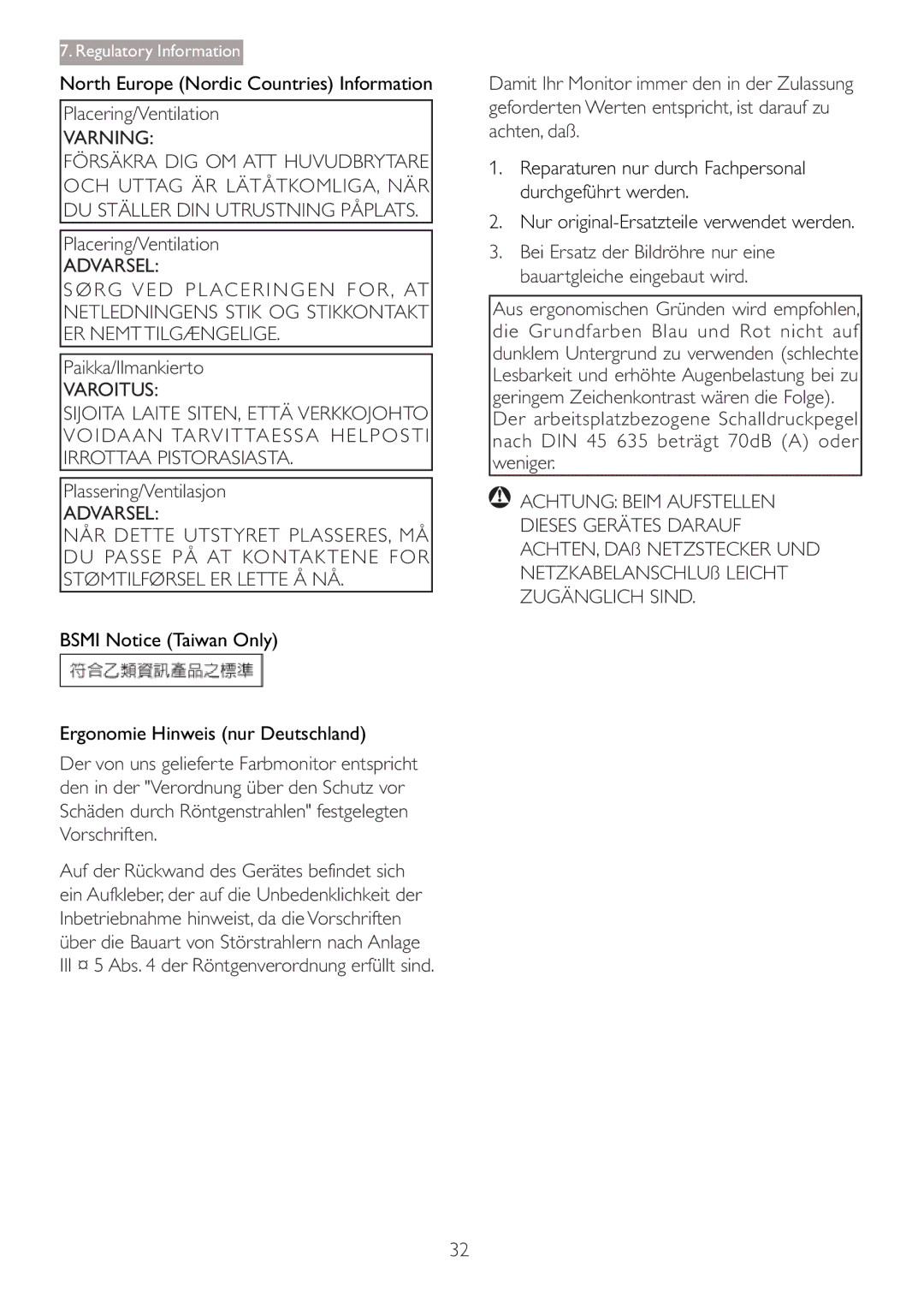 Philips 273P3 user manual Varning, Varoitus, Achtung Beim Aufstellen 