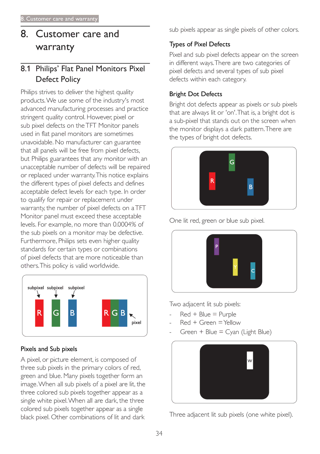 Philips 273P3 Customer care and warranty, Philips’ Flat Panel Monitors Pixel Defect Policy, Pixels and Sub pixels 