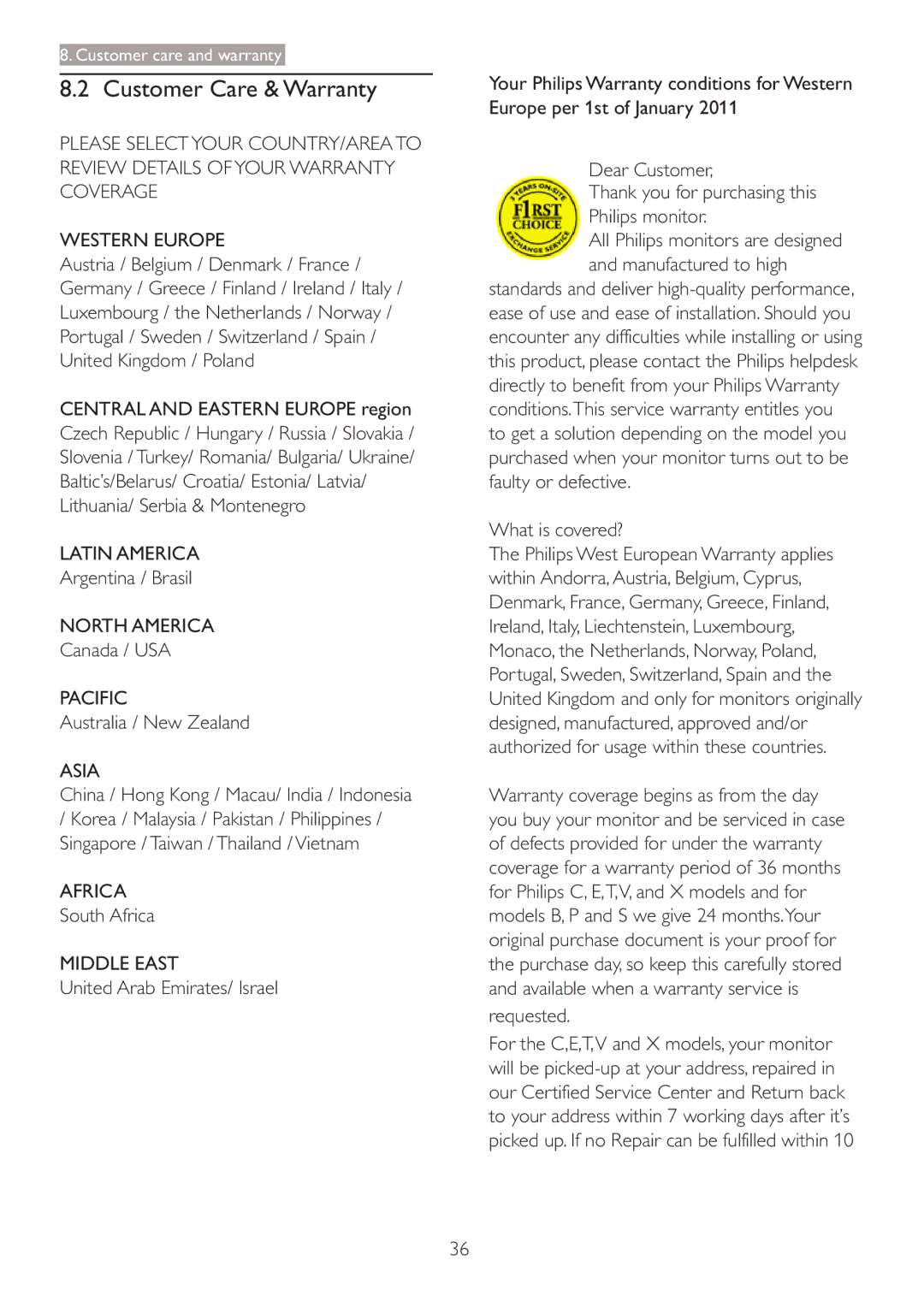 Philips 273P3 user manual Customer Care & Warranty 