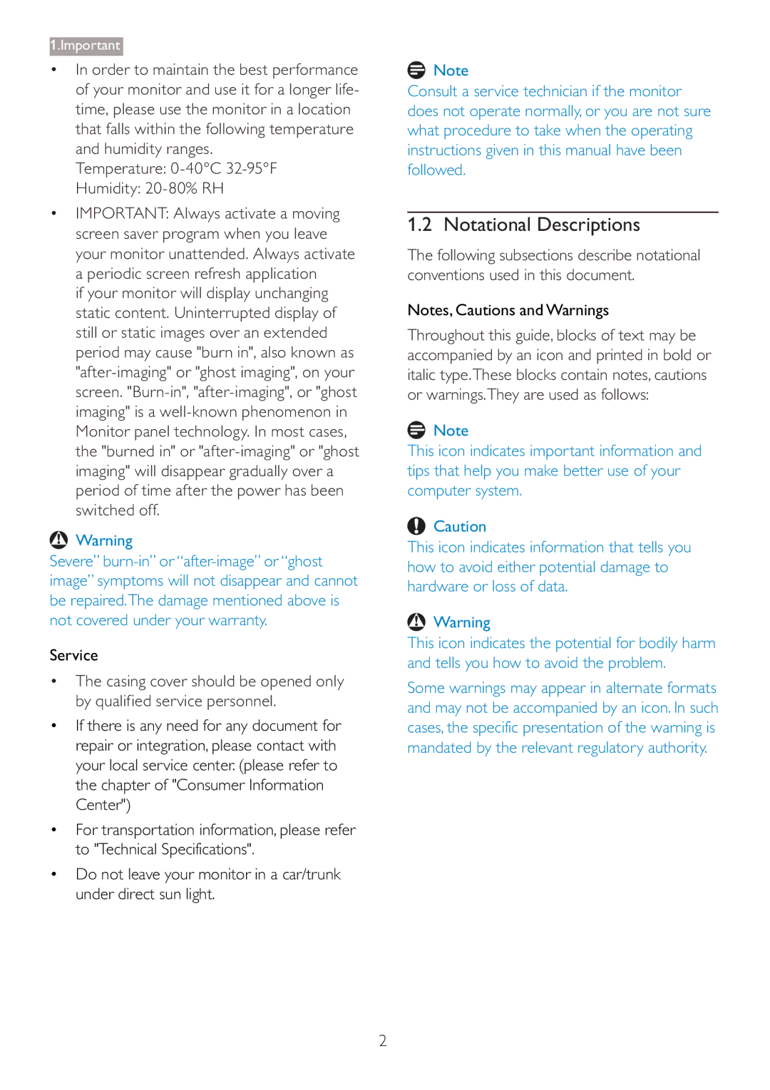 Philips 273P3 user manual Notational Descriptions, Temperature 0-40C 32-95F Humidity 20-80% RH, Service 