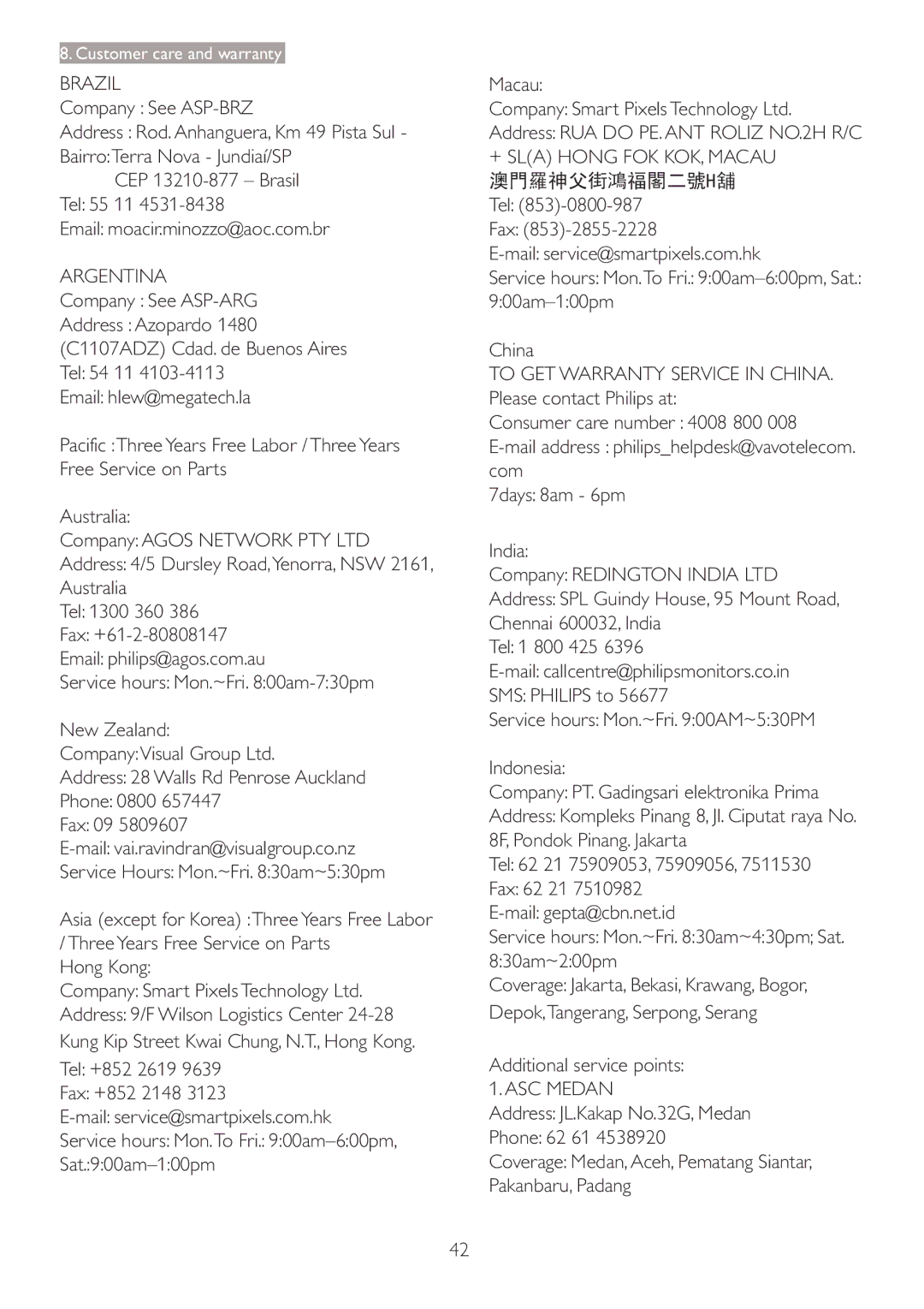 Philips 273P3 user manual Brazil, Argentina, + SLA Hong FOK KOK, Macau, ASC Medan 