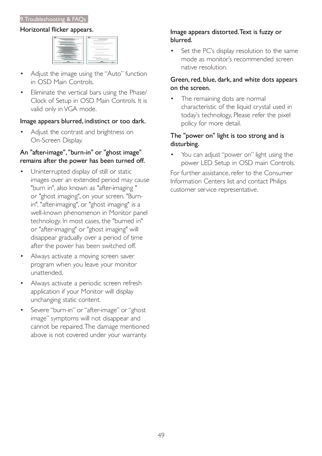 Philips 273P3 user manual Horizontal flicker appears, Image appears blurred, indistinct or too dark 