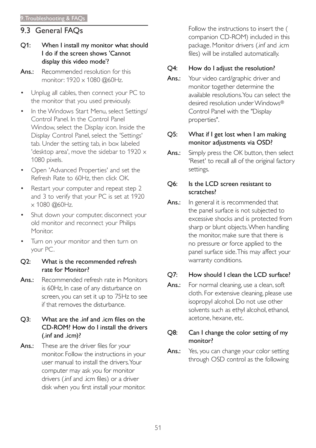 Philips 273P3 user manual General FAQs 