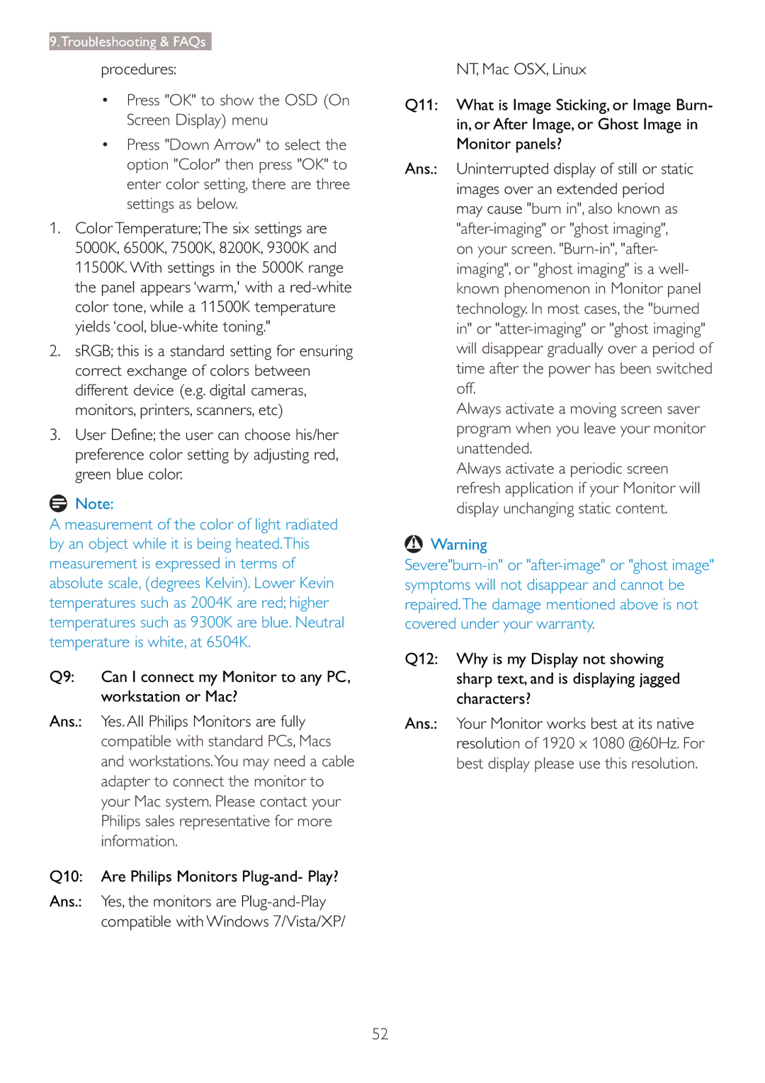 Philips 273P3 user manual  Press OK to show the OSD On Screen Display menu, Q10 Are Philips Monitors Plug-and- Play? 