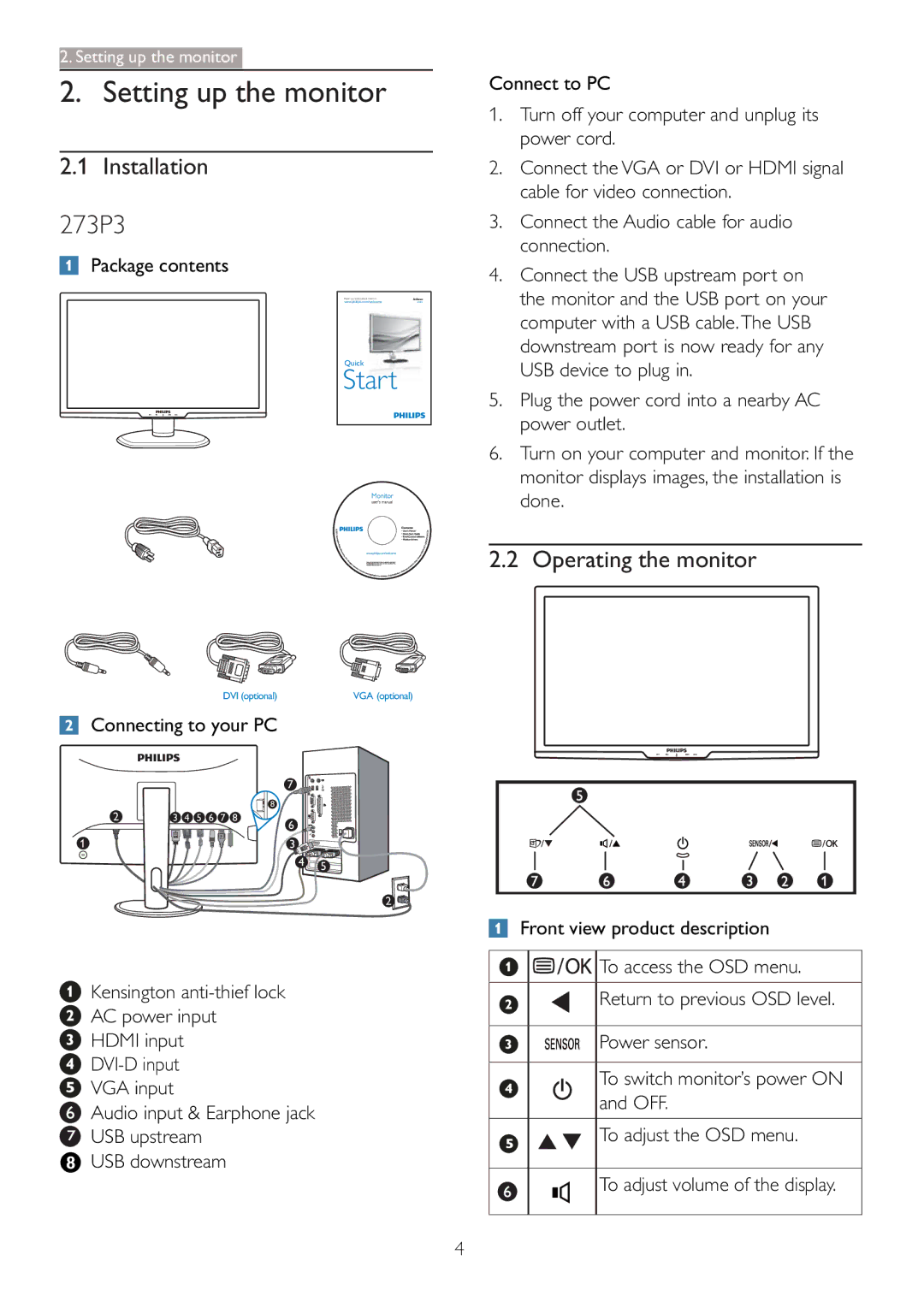 Philips 273P3 user manual Setting up the monitor, Installation, Operating the monitor, Package contents 