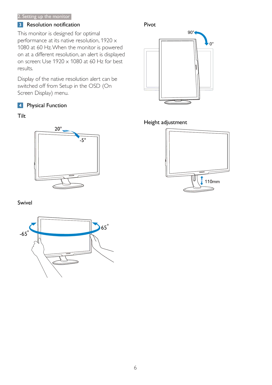 Philips 273P3 user manual Resolution notification Pivot, Physical Function Tilt Height adjustment, Swivel 