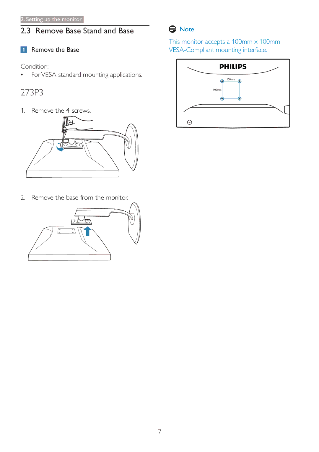 Philips 273P3 user manual Remove Base Stand and Base, Remove the 4 screws Remove the base from the monitor 