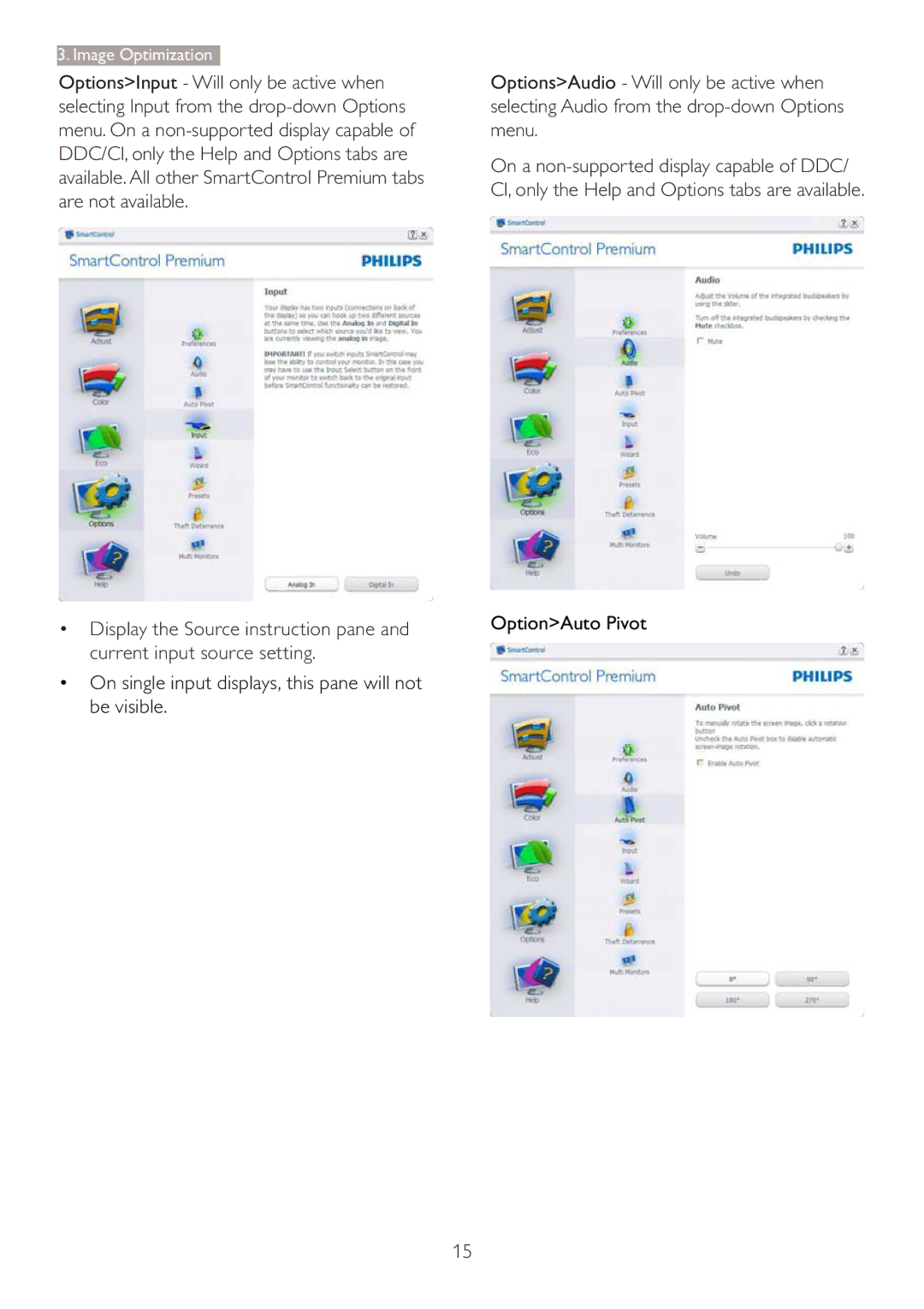 Philips 273P3L user manual ‡ On single input displays, this pane will not be visible, OptionAuto Pivot 