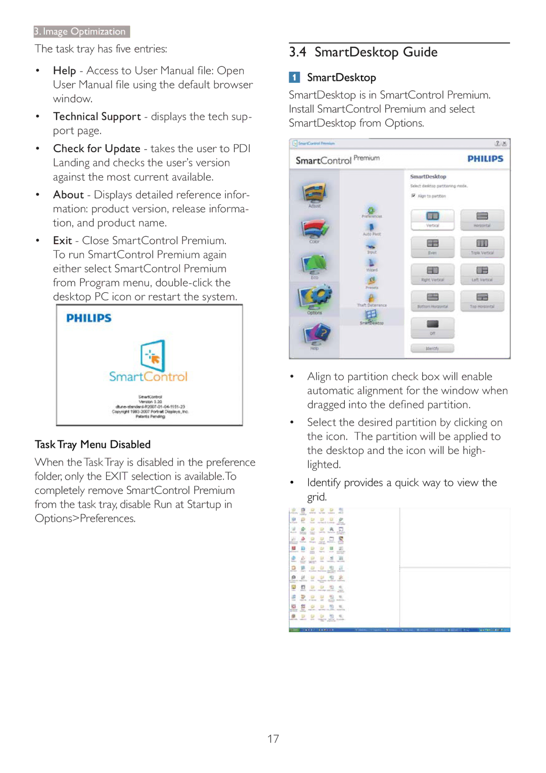 Philips 273P3L user manual SmartDesktop Guide, Task Tray Menu Disabled,  Identify provides a quick way to view the grid 