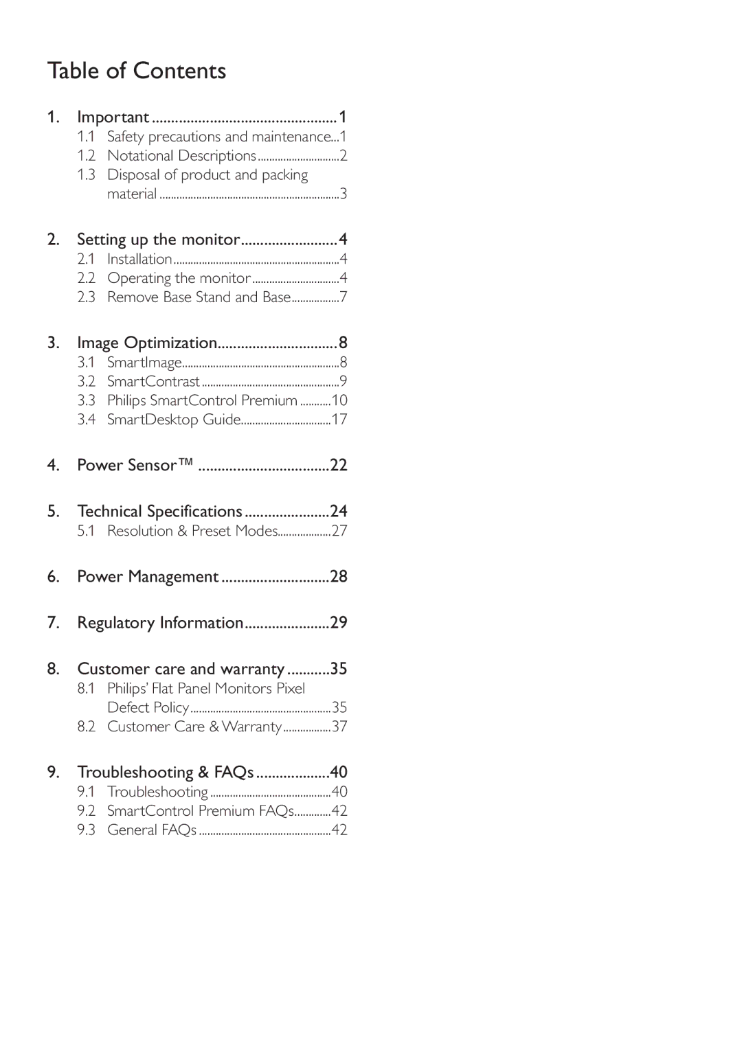 Philips 273P3L user manual Table of Contents 