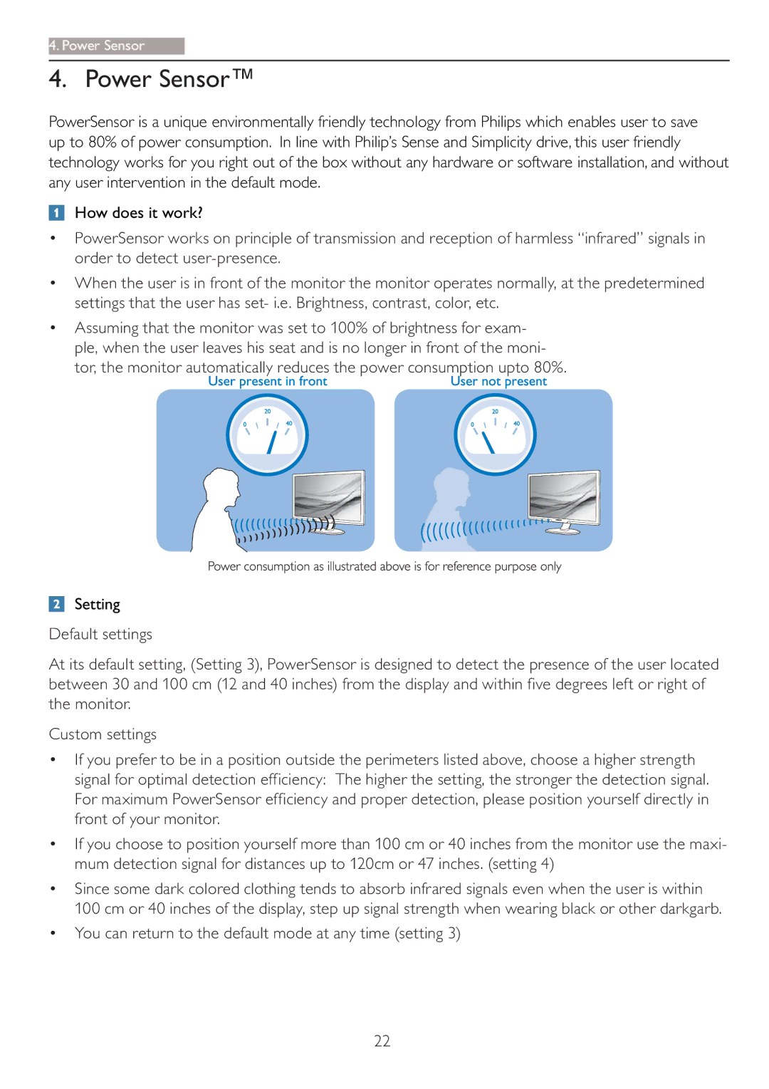 Philips 273P3L user manual Power Sensor, Setting, ‡ You can return to the default mode at any time setting 