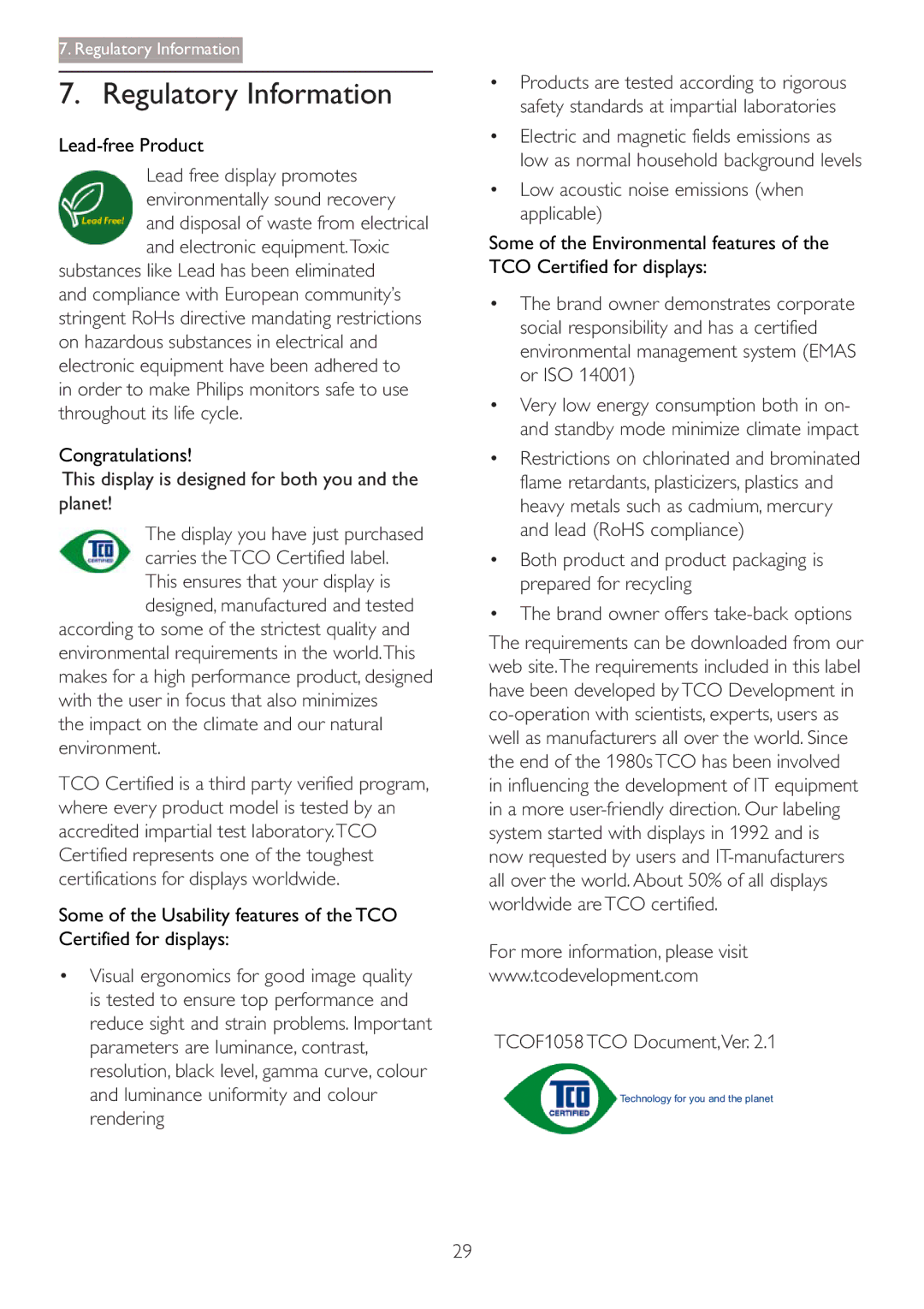 Philips 273P3L user manual Regulatory Information, This display is designed for both you and the planet 