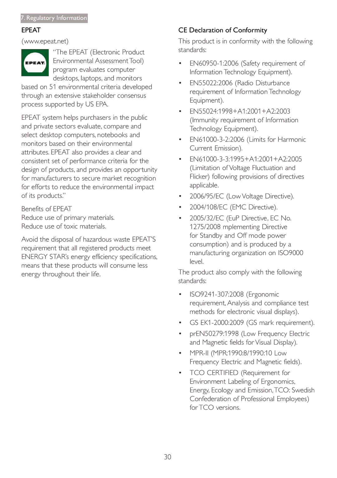 Philips 273P3L user manual Epeat Electronic Product, CE Declaration of Conformity,  GS EK1-20002009 GS mark requirement 